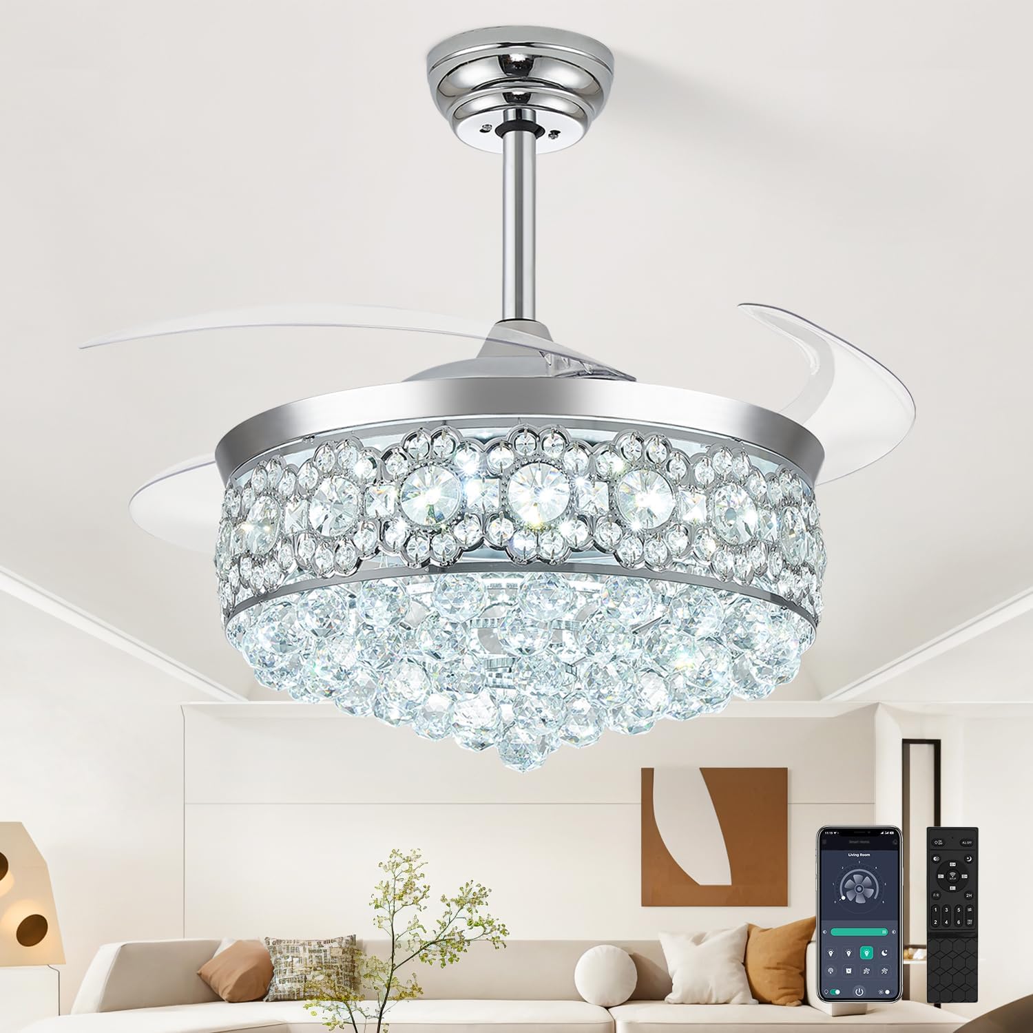 42" Fandelier Ceiling Fan with Light, Chandelier Ceiling Fans with Lights,Retractable Crystal Ceiling Fan for Bedroom Living Room,6 Wind Speed,3 Color Tempeature-Chrome Chrome 42 Inch