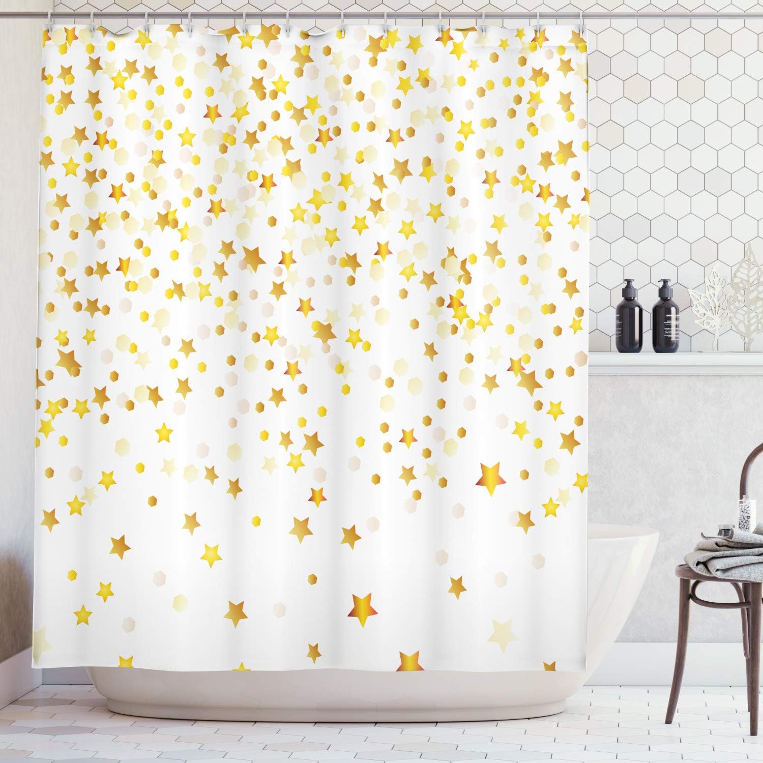 Ambesonne Abstract Shower Curtain, Sparsed Dreamy Stars and Spots Geometric Design Fanciful Lifestyle, Cloth Fabric Bathroom Decor Set with Hooks, 69" W x 75" L, Coffee Yellow