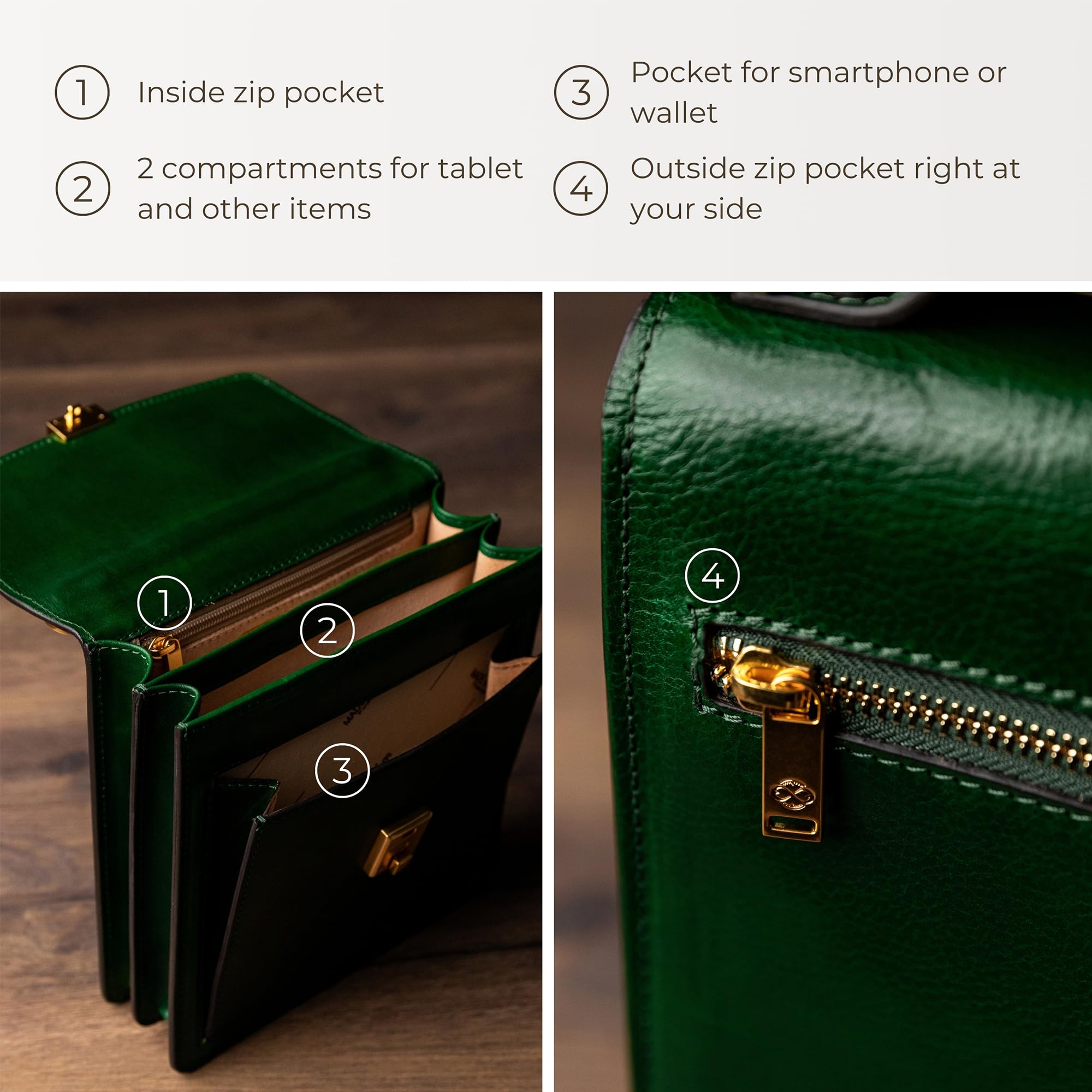 Time Resistance Leder Aktentasche - Leder Tasche Handgefertigt in Italien - Arbeitstasche mit Schultergurt - Kleine Businesstasche - Umhängetasche