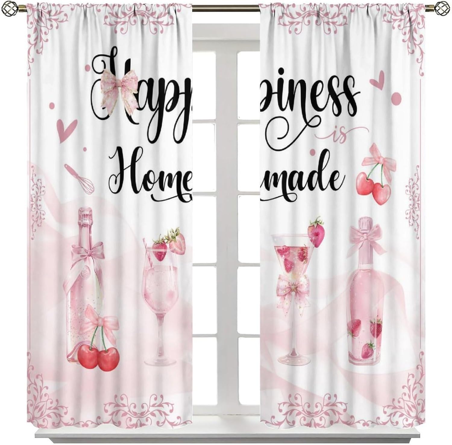 Cute Pink Cherry Strawberry Kitchen Curtains, Romantic Wine Glass Valance Panels with Bow and Heart, Short Rod Pocket Drapes for Women or Girls 2 Panels 21x45 Inch