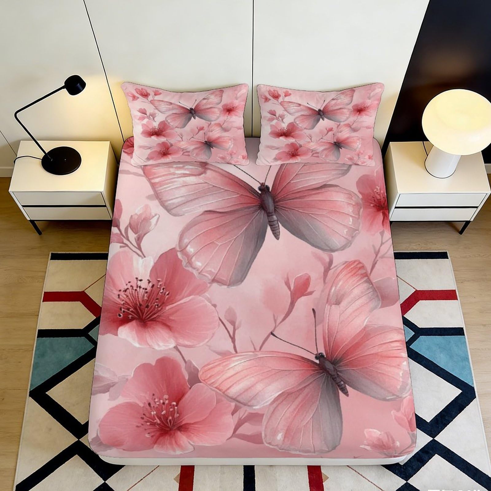 3D Printed Pink Butterfly Blossom Fitted Sheet Microfiber Soft Non-Slip Bed Sheet for Bedroom Guest Room Decor 90x200x25cm