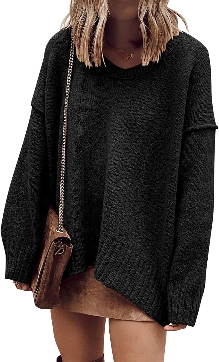 ANRABESS Women's Oversized Casual Loose Slouchy Scoop V Neck Batwing Long Sleeve Knit 2025 Fall Pullover Sweaters
