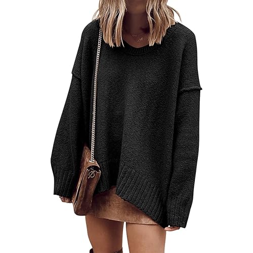 ANRABESS Women’s Casual Long Sleeve V Neck Off Shoulder Loose Baggy Comfy Knit Pullover Sweaters Tunic