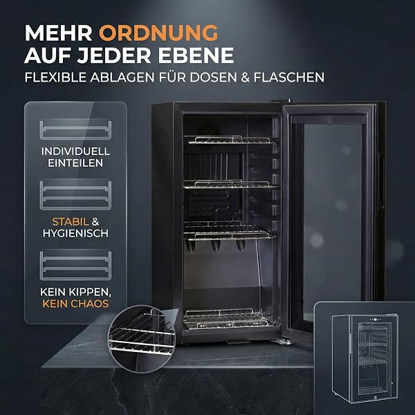 Sommertal Getränkekühlschrank 50L – Mini Kühlschrank schwarz mit Glastür, Touchscreen & LED | Kleiner Flaschenkühlschrank abschließbar & leise für Büro, Zuhause, Bar, Kellerbar & Minibar - 4
