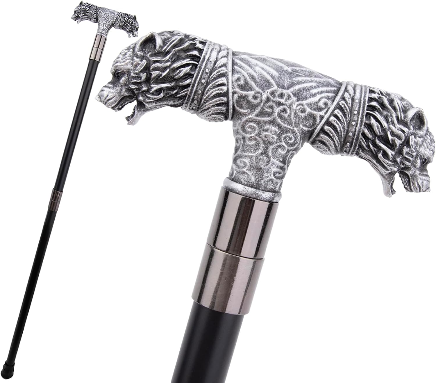 Silver Resin Wolf Double Head Walking Cane Fashion Decorative Steel Stick Gentleman Elegant Cosplay Cane Knob Crosier 92cm