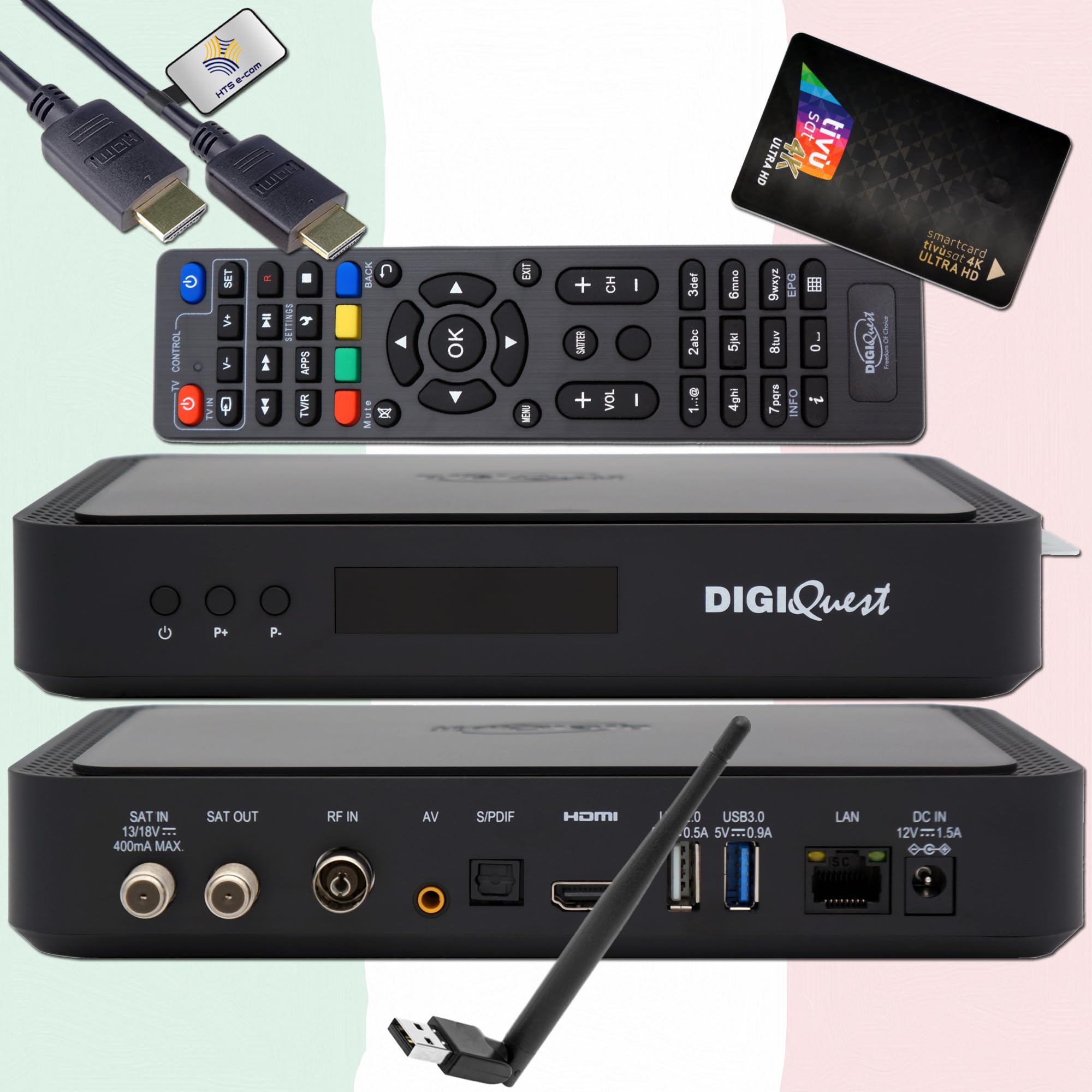 DigiQuest Q99 - Receptor satélite 4K UHD con tarjeta TiVuSat negra + llave WiFi - Italiano TV Rai Mediaset LA7, DVB-S2/T2, HEVC HDR, PVR Ready, LAN, USB, receptor certificado + cable HTS e-com HDMI
