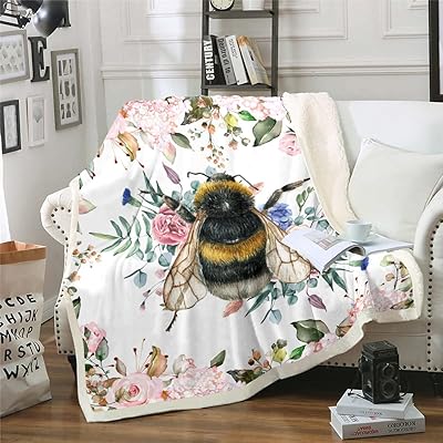 Erosebridal Kids Cute Animal Throw Blanket Throw Size Sweet Honey Bee Fleece Blanket Pink Rose Floral Sherpa Blanket Kawaii Animal Themed Blanket Lightweight All-Season Flannel Blanket