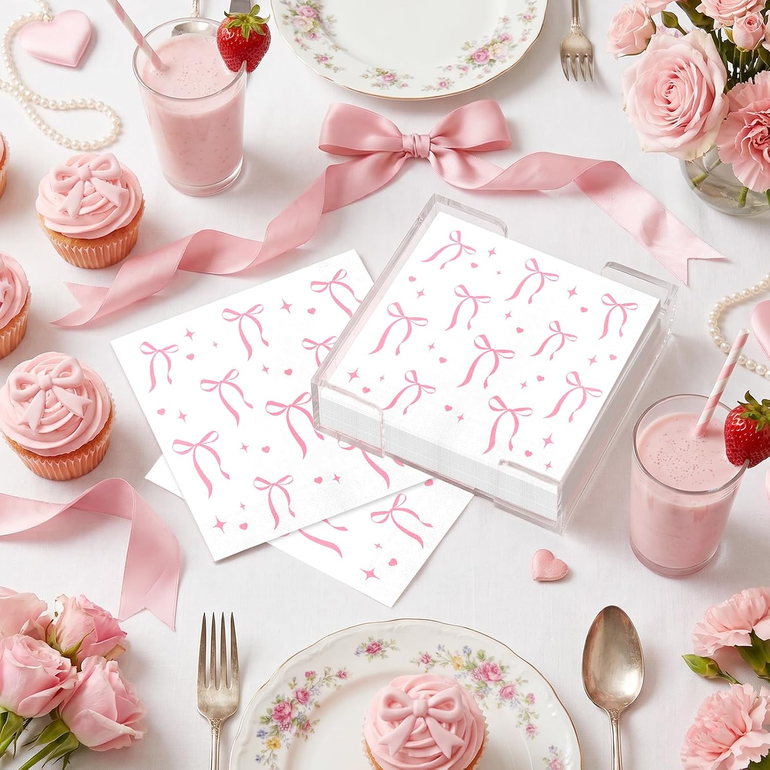 Pink Bow Napkins Disposable Coquette Cocktail Napkins, 100 Pcs