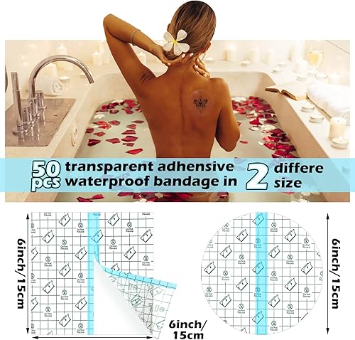 Miniatura 2 de 50 vendajes adhesivos impermeables transparentes, cintas protectoras transparentes para cubrir tatuajes, cintas para vestir en la ducha (6 x 6