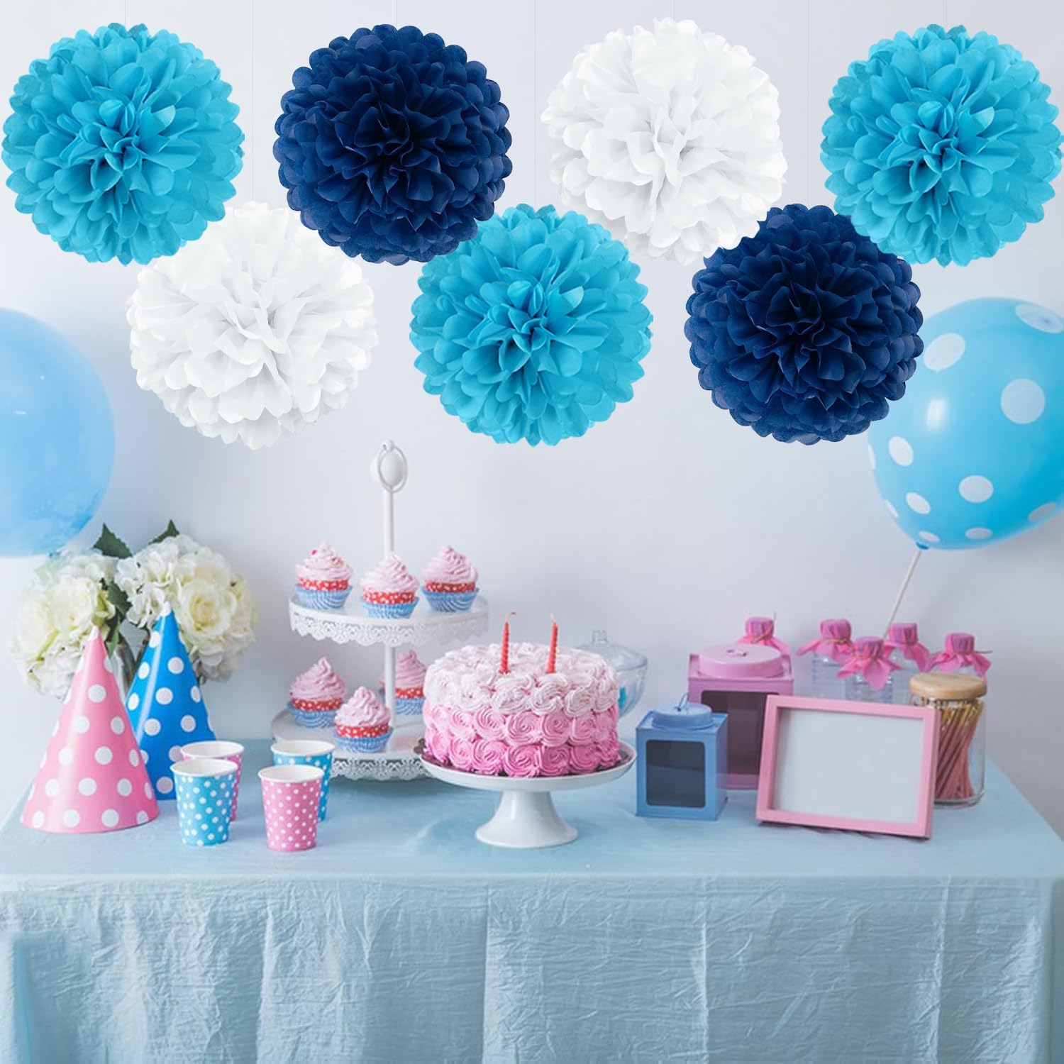 Blue Paper Flowers Tissue Pom Poms Honeycomb Lanterns 15pcs Light Royal Navy Party Decorations Boy Birthday Ocean Wedding Baby Bridal Shower Bachelorette Graduation Hanging Supplies Mprocherify image 4