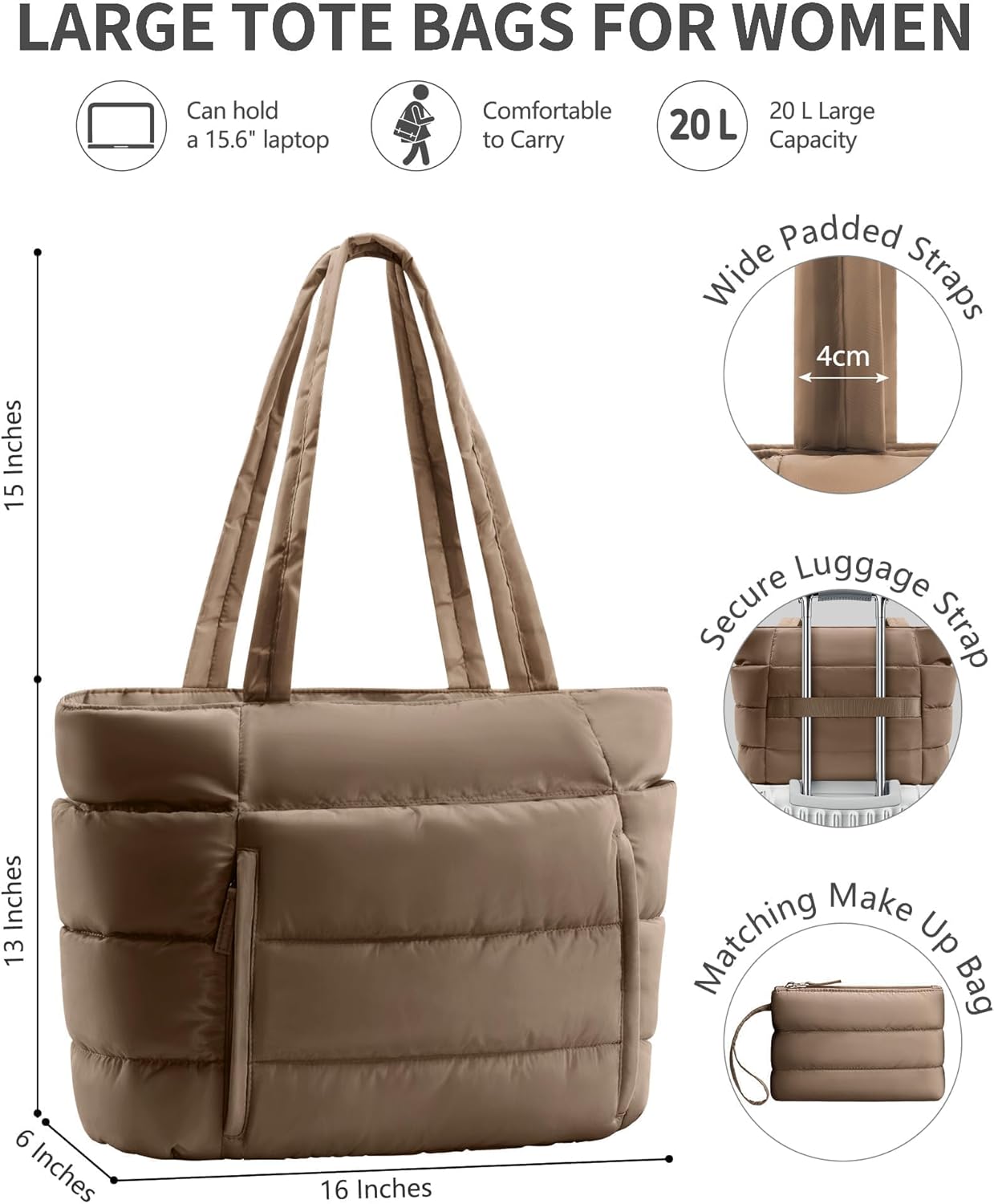 Bagstellar Puffer Tote Bag for Women, Lightweight Puffy Work Handbag Teacher Nurse Quilted Shoulder Bag for School Travel Gym | Cloud Bag w/ Zipper, Daily College Bags, 15.6" Computer Bag, Clinical Nursing Bag, 40 OZ Tumbler Holder, Ideal Gift for Women - Image 3