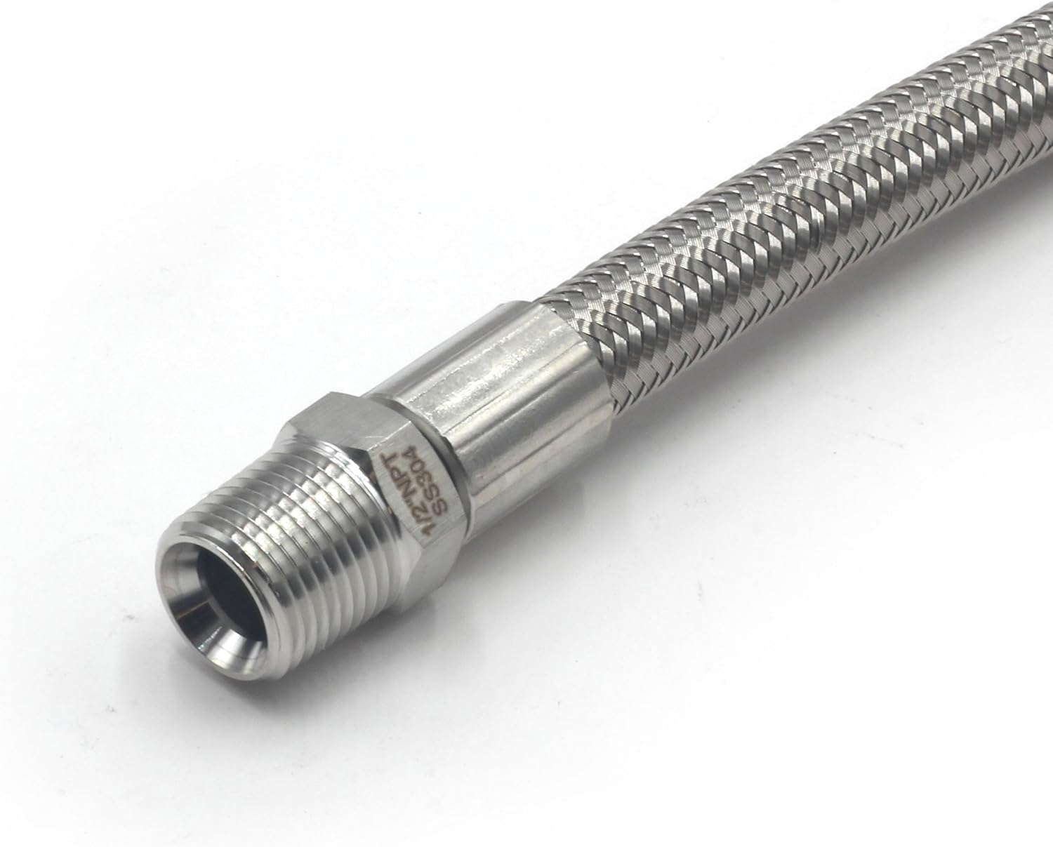 HFS(R) 1/2" Male NPT Stainless Steel Braided Hose 12" Length, w/PTFE Liner, 1500PSI (12 inch)