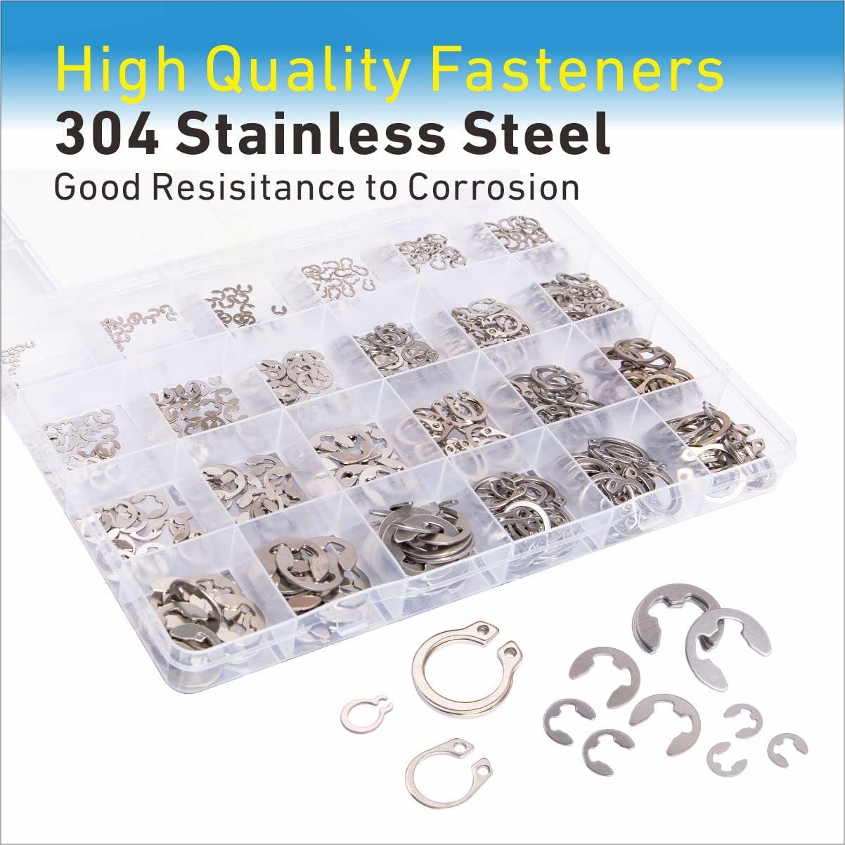 Mariyandh 327Pcs E-Clips Circlip Retaining Rings Assortment Set(1.2mm-10mm) and C-Clips External Retaining Rings Snap Rings Assortment Kit Circlip 304 Stainless Steel(M3-M14)，24 Sizes