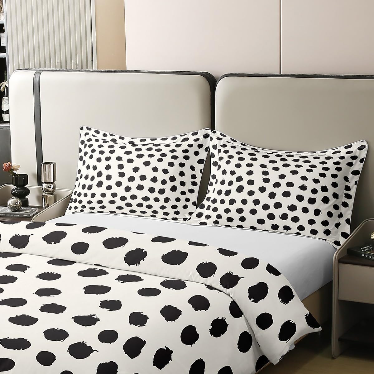 Erosebridal Black Polka Dots 100% Cotton Duvet Cover King Size Boho Bedding Set for Kids Men Women Brush Stroke Decorative Geometric Beige Comforter Cover Soft Comfy Bedclothes