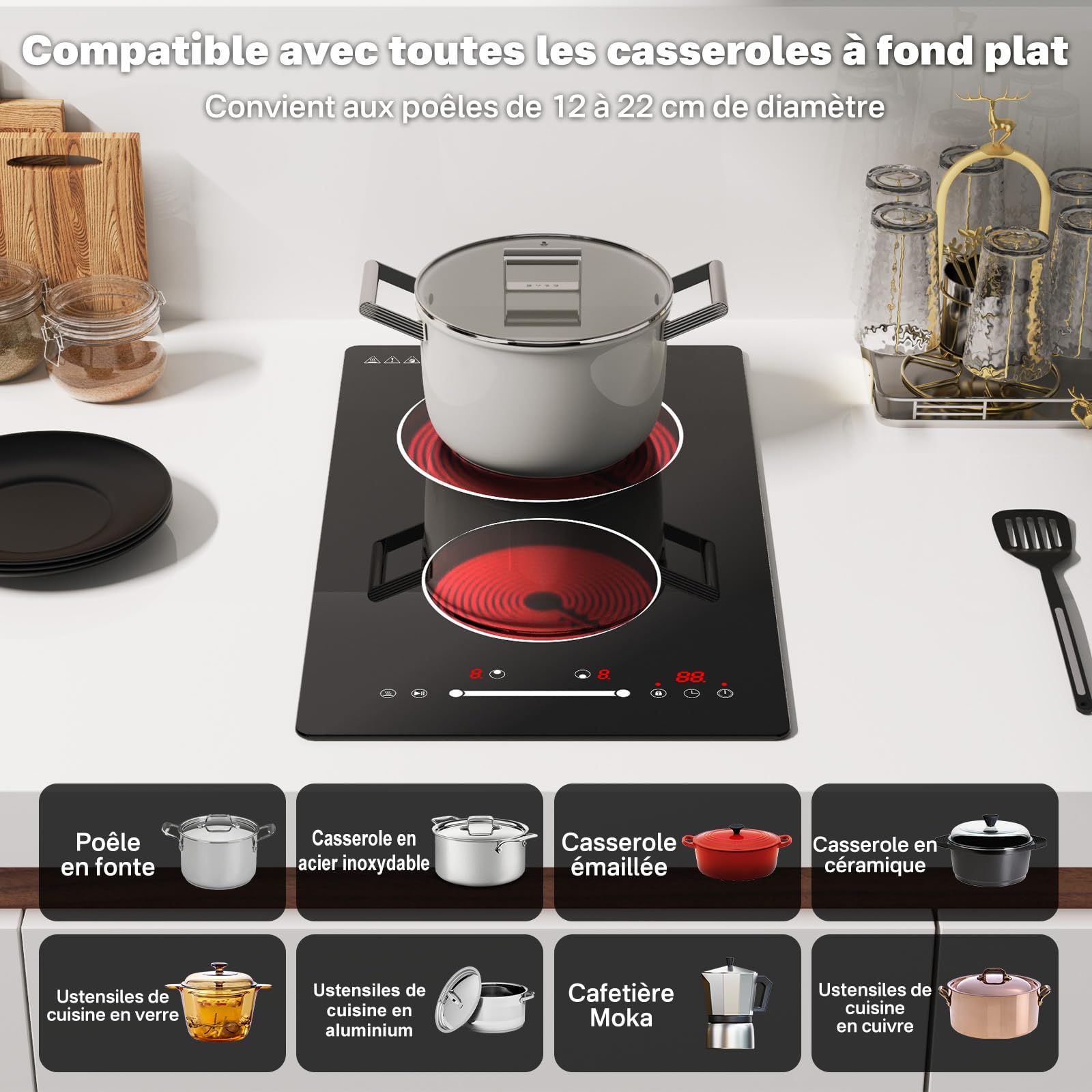 Plaque de cuisine électrique à deux feux infrarouges pour cuisiner, cuisinière de 3000 W Domino à insérer, cuisinière à deux éléments chauffants, cuisine intégrée à 230 V