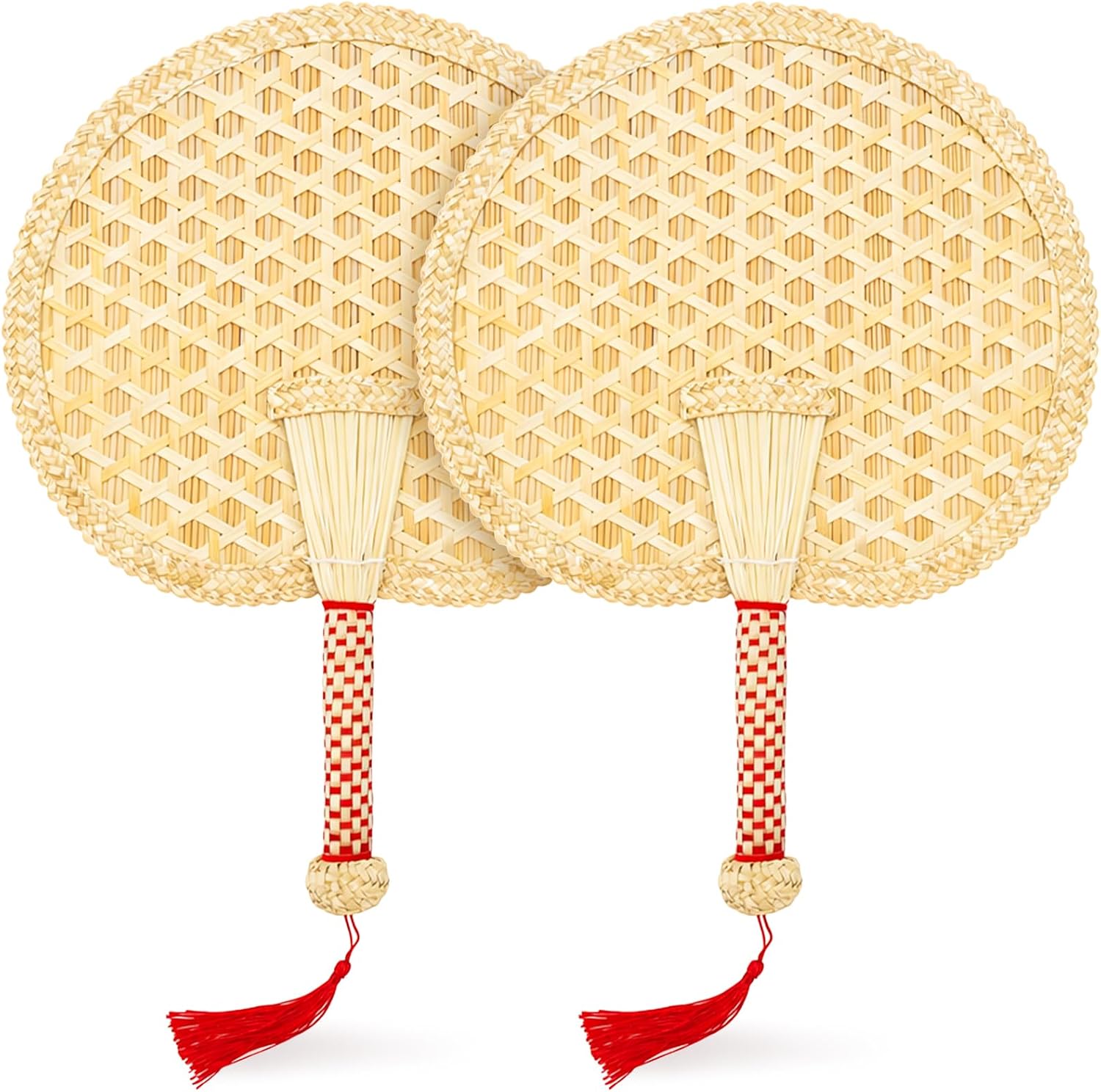 Goaste 2 Packs Hand Woven Round Wheat Straw Fans, Natural Handheld Fan for Summer Cooling, Rustic Chinese Manual Fan for Wedding Palm, Home Decor, Photo Prop, Elderly Travel Supplies & Personal Gift