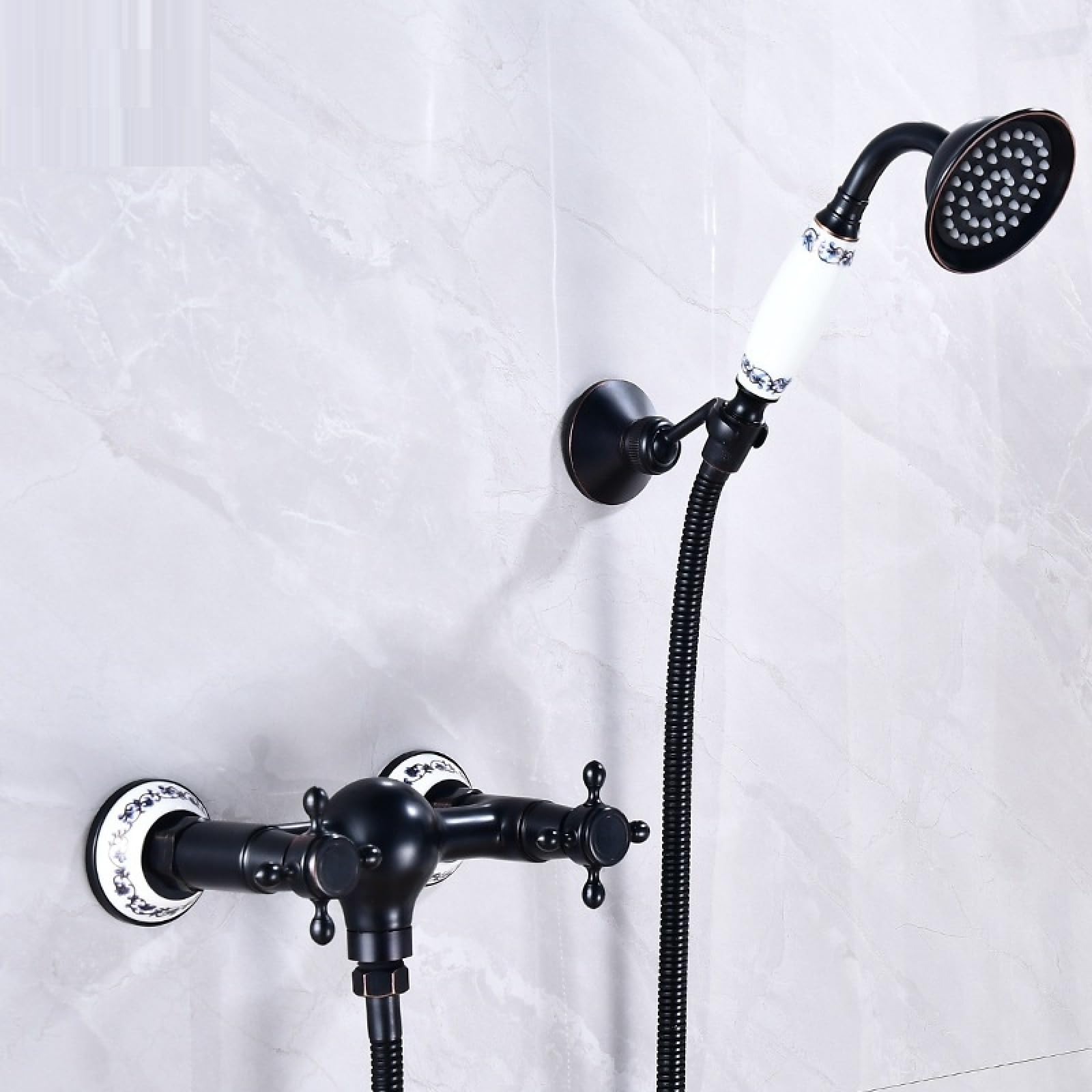 Fanjubei Black And Ancient Blue-And-White Bathroom Simple Hot And Cold Water Handheld Copper Shower Shower Set, Black Antique Blue Porcelain