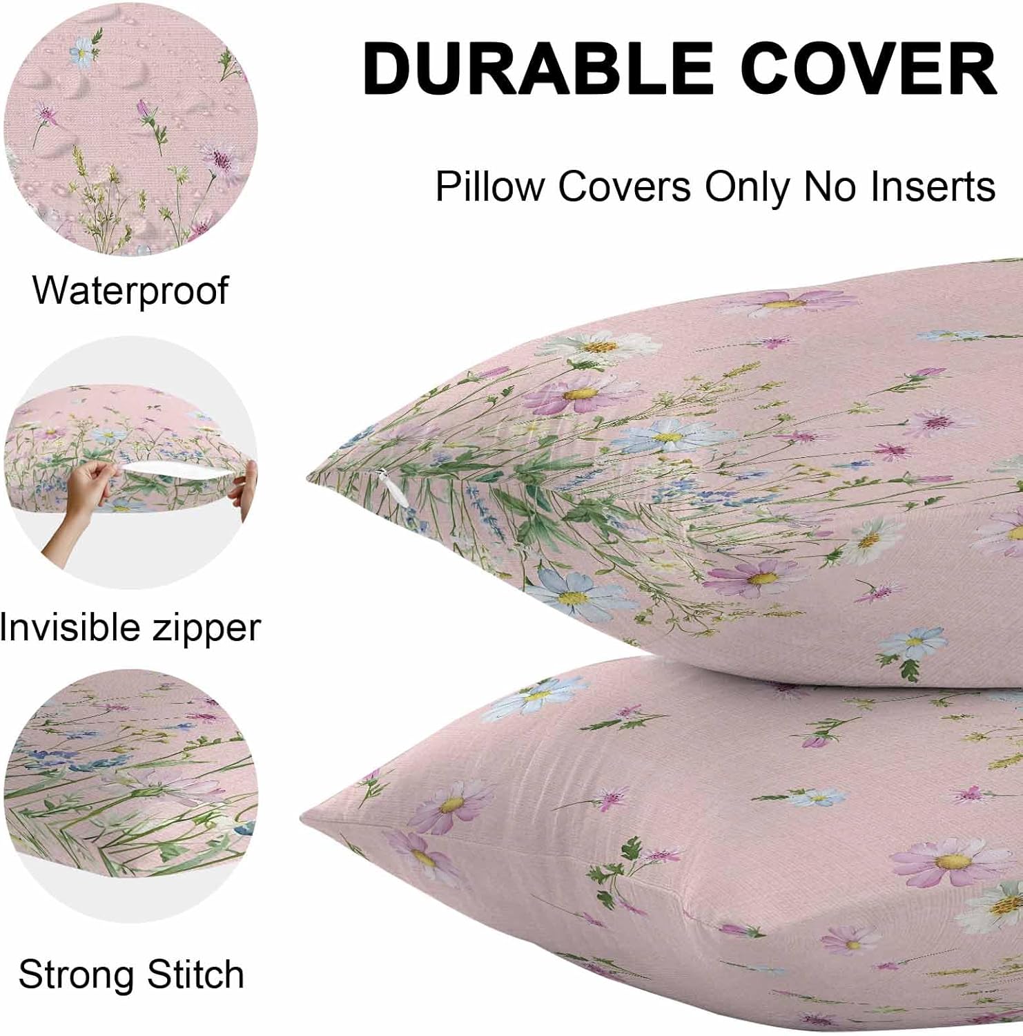 T&H XHome Outdoor Waterproof Throw Pillow Covers 20"x12" Set of 2 Pink Linen Bottom Flowers Herbs Decorative Cushion Cover Pillowcase for Garden Patio Tent Beach Bedroom Living Room Sofa Couch