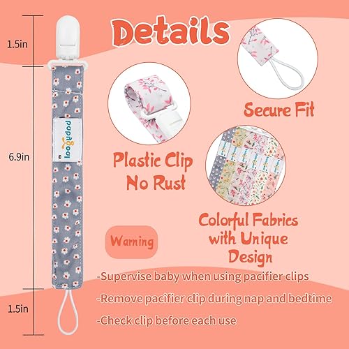 Miniatura 4 de Babygoal Clips florales para chupete, paquete de 6 soportes y correa para niños y niñas, se adapta a la mayoría de los chupetes, estilos Binkie y