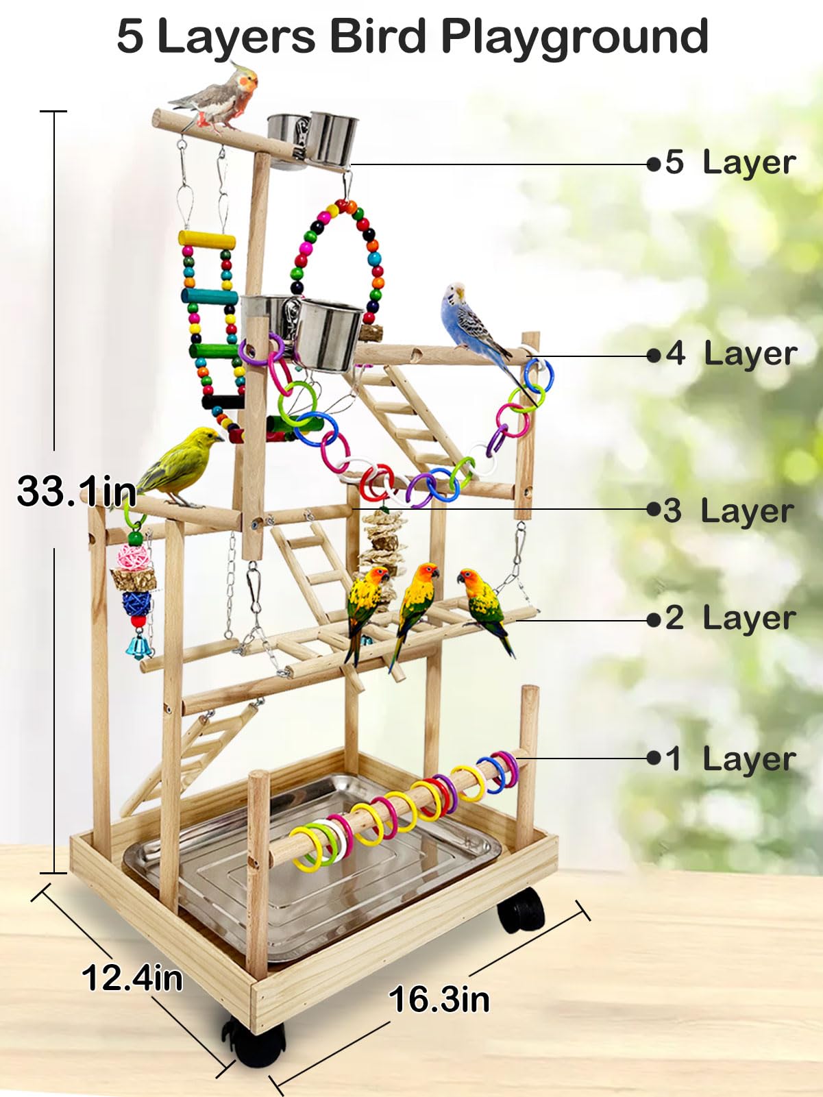 5 Layers Large Bird Playstand with Wheel, Natural Wood Parrot Playground, Parakeet Perch Stand Small Bird Playgym with Ladder Toy Accessories for Cockatiel Cockatoo Finch Budgie Lovebird - image 2