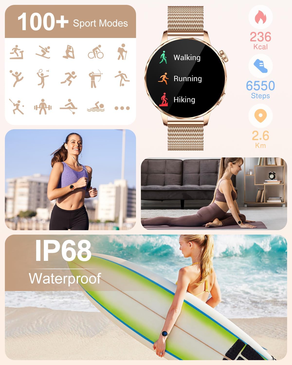 Smart Watch for Women, 1.27 Inch HD Touchscreen, Bluetooth Calling, Heart Rate & Sleep Tracking, 100+ Sports Modes, IP68 Waterproof Fitness Tracker for Android & iPhone (Rose Gold