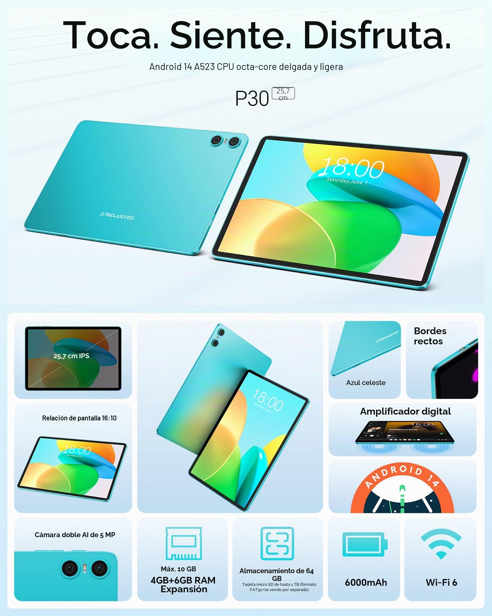 TECLAST P30 Android 14 Tablet 10 Pulgadas, 10GB RAM+64GB ROM(TF