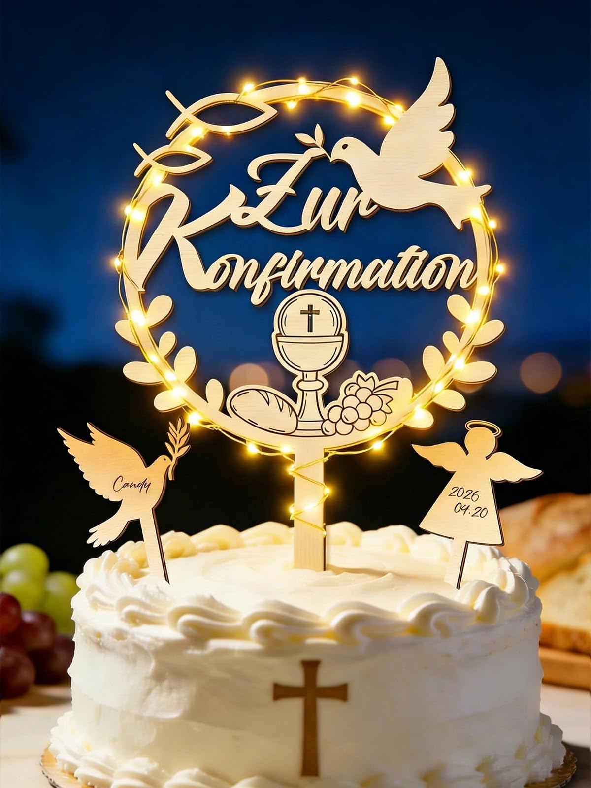 3 Stück Tortendeko Konfirmation mit LED Lichterkette, Holz Tortenaufleger Taube & Schutzengel Cake Topper, Deko Konfirmation Junge & Mädchen, Konfirmationsgeschenk