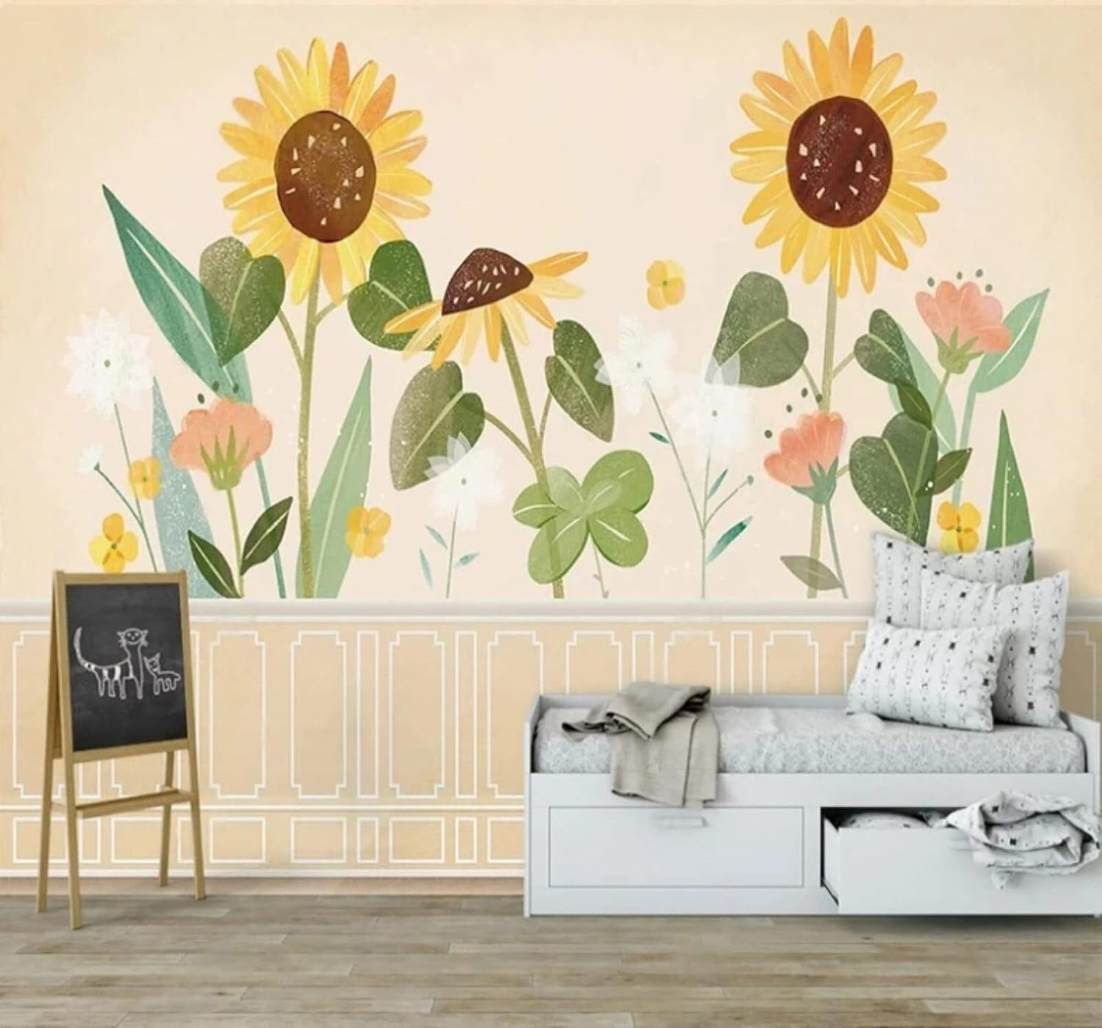 Wallpaper-3D-Xlm 350Cm×256Cm(B×H) Simple Cartoon Hand Drawn Sunflowers Flowers 3D Wallpaper Easy Install Feature Office Living Room Sofa Bedroom Tv Background Wall Decoration-350Cm×256Cm