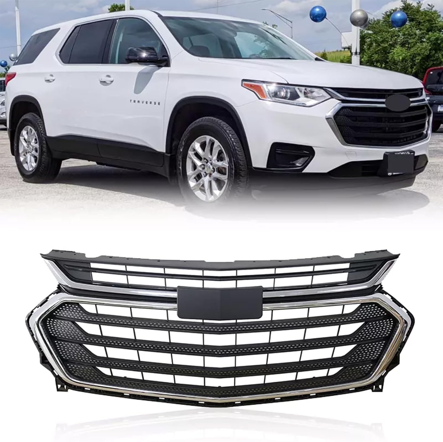 Front Bumper Grille Upper Chrome Grill Black Compatible with Chevrolet Traverse 2018 2019 2020 2021, Black