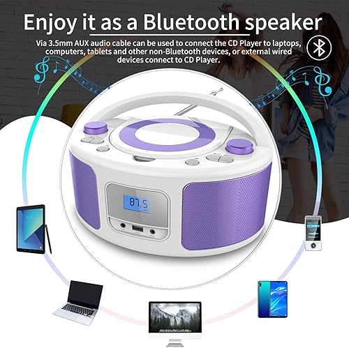 Miniatura 5 de Reproductor de CD portátil con Bluetooth, radio FM, control remoto, entrada USB y conector de auriculares AUX de 0.138 in, reproducción de