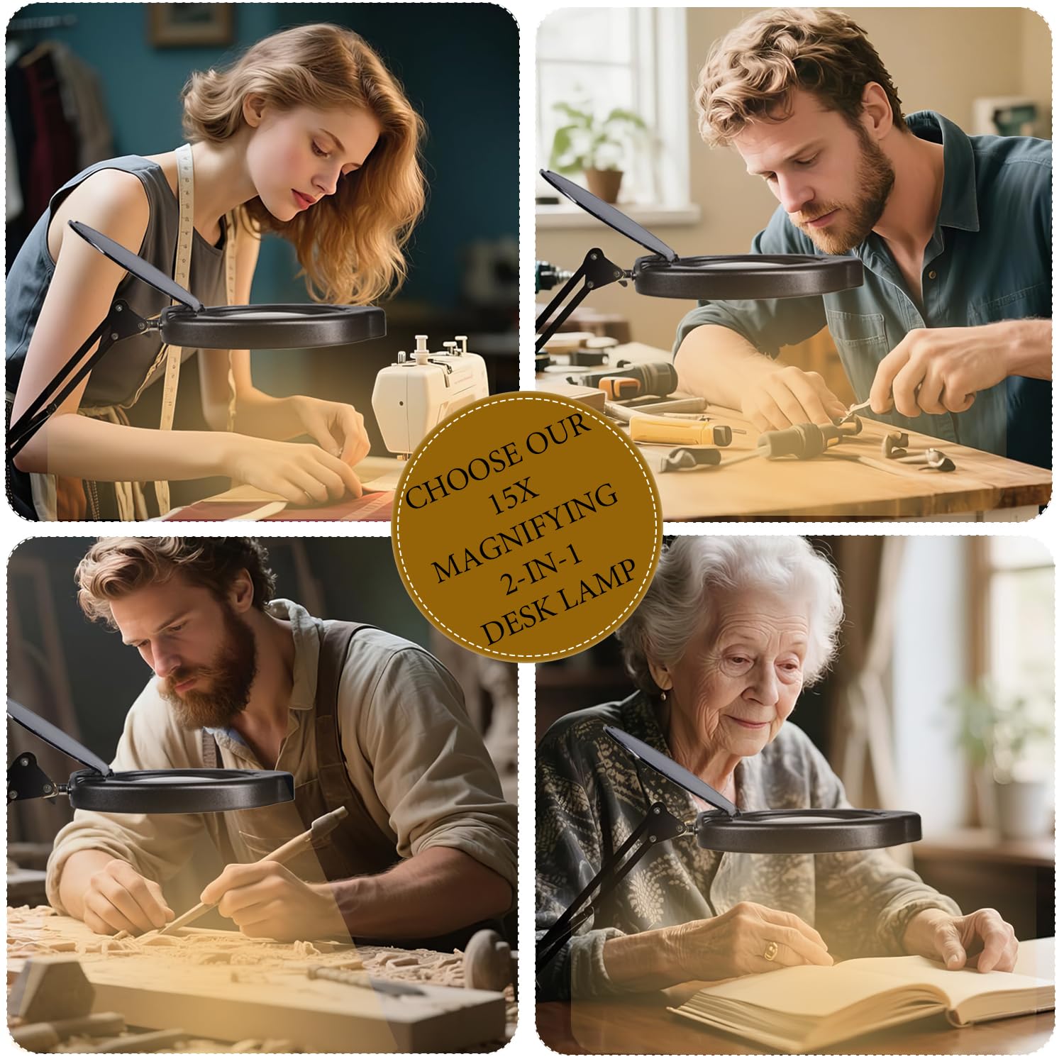 15 X Magnifying Glass Desk Lamp with Clamp and Base, Real Glass Lens, 84 LED, 5 modalità di colore dimmerabili, LED Lamp Magnifier with Dust Cover, Clean Cloth, Regalo ideale per anziani, crafters