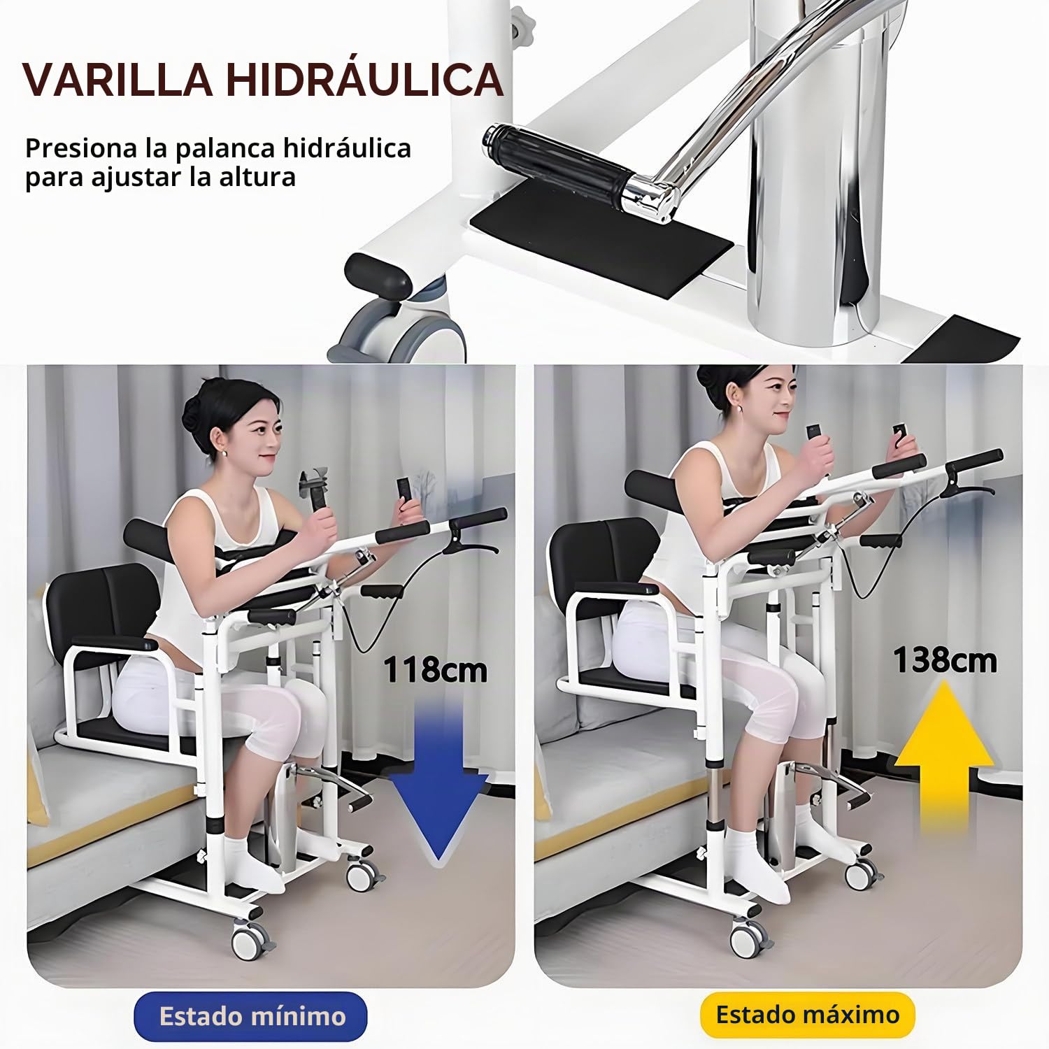 Silla elevadora hidráulica para traslado de Pacientes en casa, con Altura Ajustable y Apertura de 180°, para atención domiciliaria de Adultos Mayores, Capacidad de 400 LB Orange