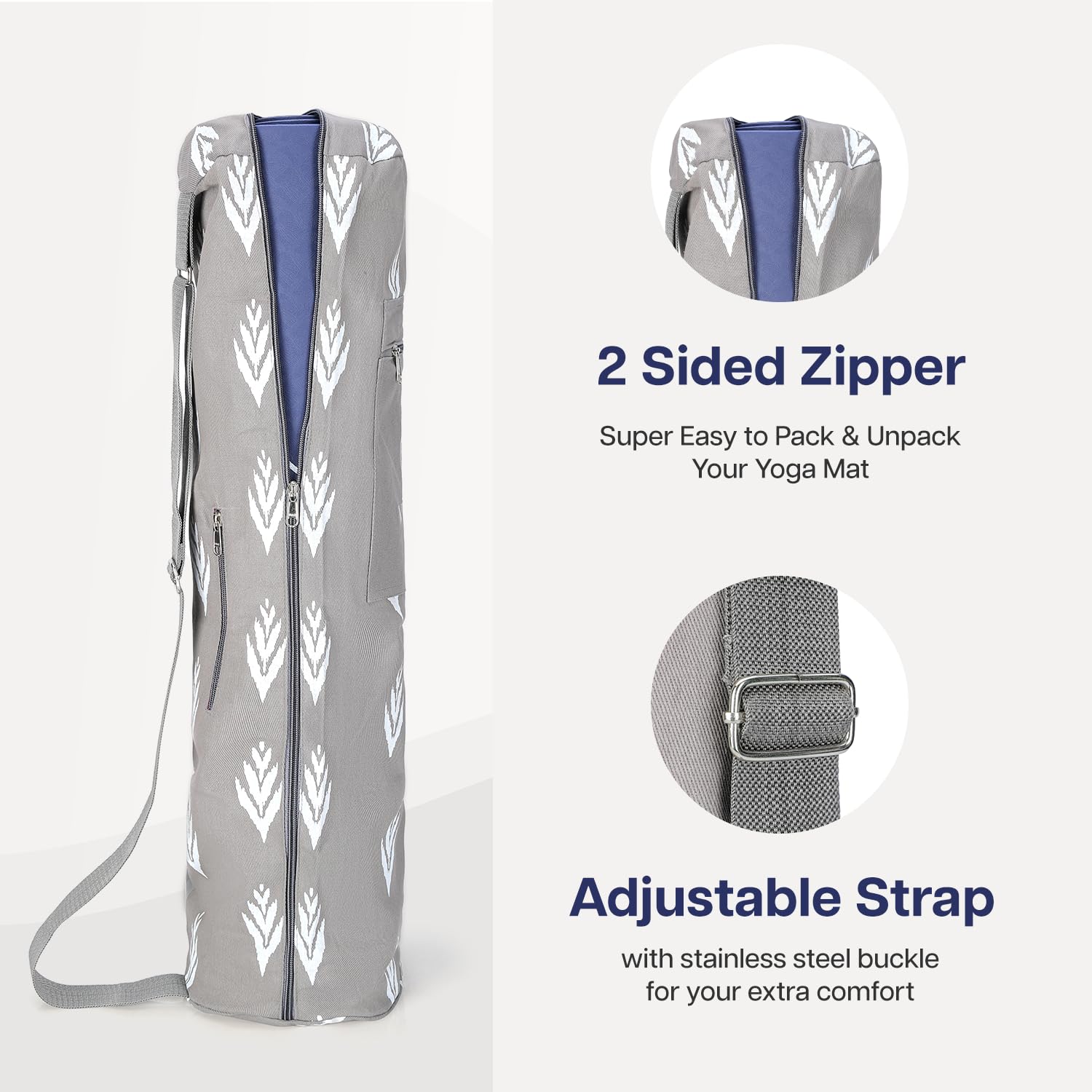 Wiselife Yoga Mat Bag Premium Carry Bag, Full Easy Access Zip, Multi Functional Storage Pockets & Adjustable Shoulder Strap (Grey Ikkat) 4