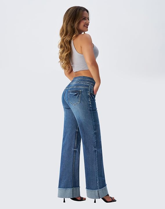 roswear Women's High Waisted Stretchy Wide Leg Jeans Cuffed Baggy Jeans Loose Denim Pants