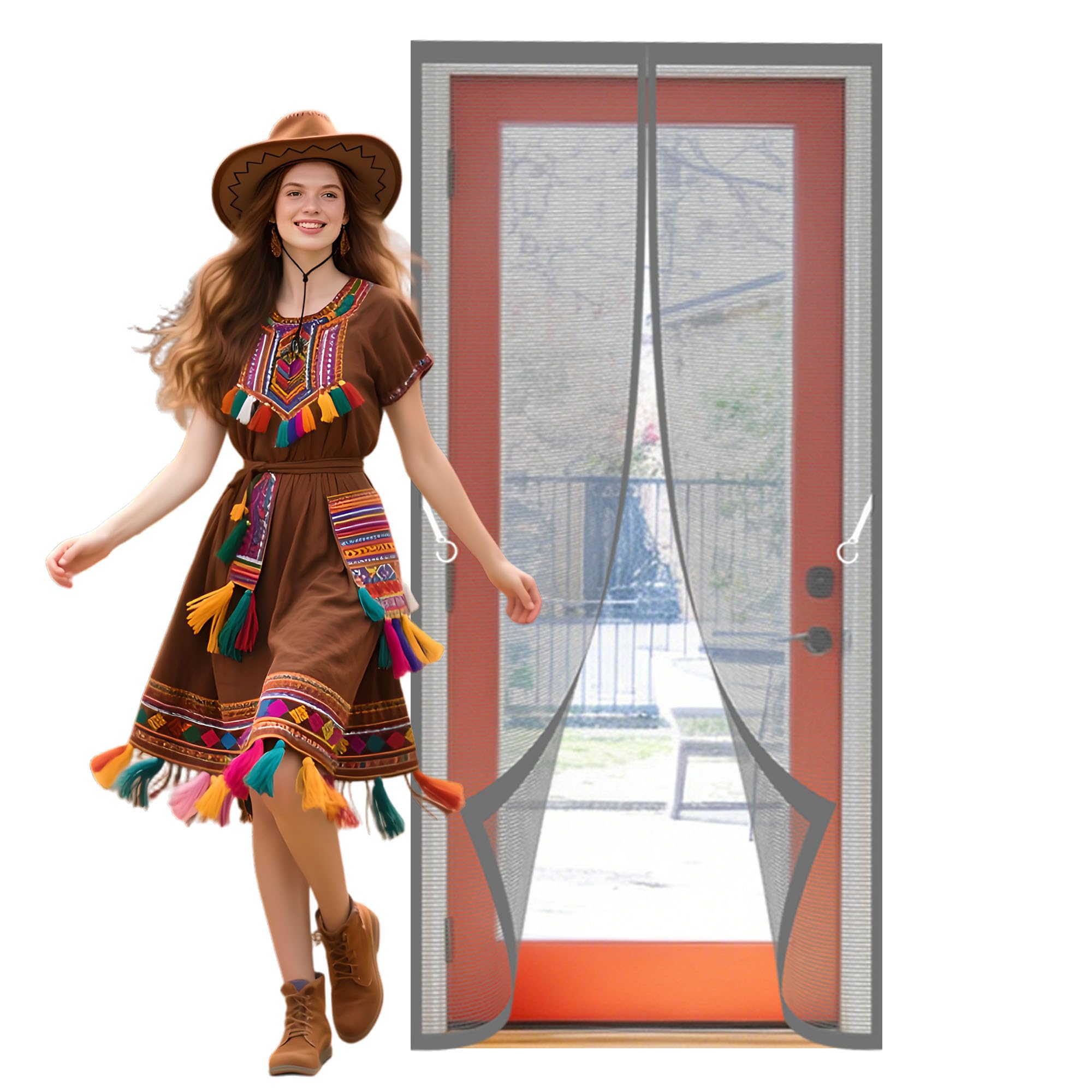 Magnetic Door Screen 111 x 224 cm Hands Free Closing Double Door Magnetic Fly Screen Keep Bugs Out Lets Fresh Air in Suitable for Patio Room Balcony Bedroom, Grey