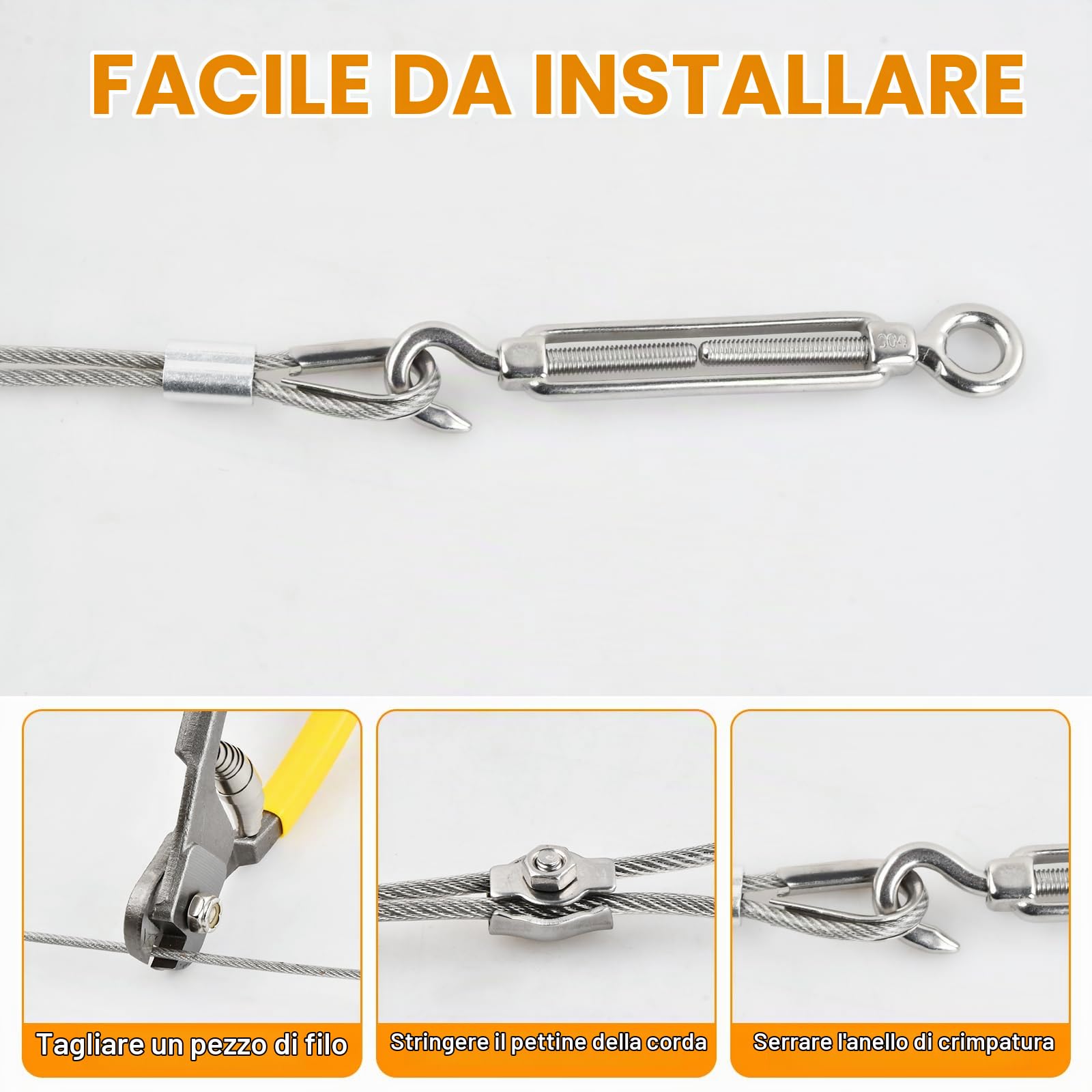 67 Pcs Kit Filo per Stendere il Bucato da Esterno, 50m Tiranti per Filo 3mm, con 20 Anello Aggraffatura, 4 Ganci Quadri, 4 Tenditori, Staffe Stendere i Panni Esterno, Stendibiancheria Acciaio Inox 7x7