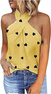 Top da donna, sexy, tinta unita, con stampa a collo