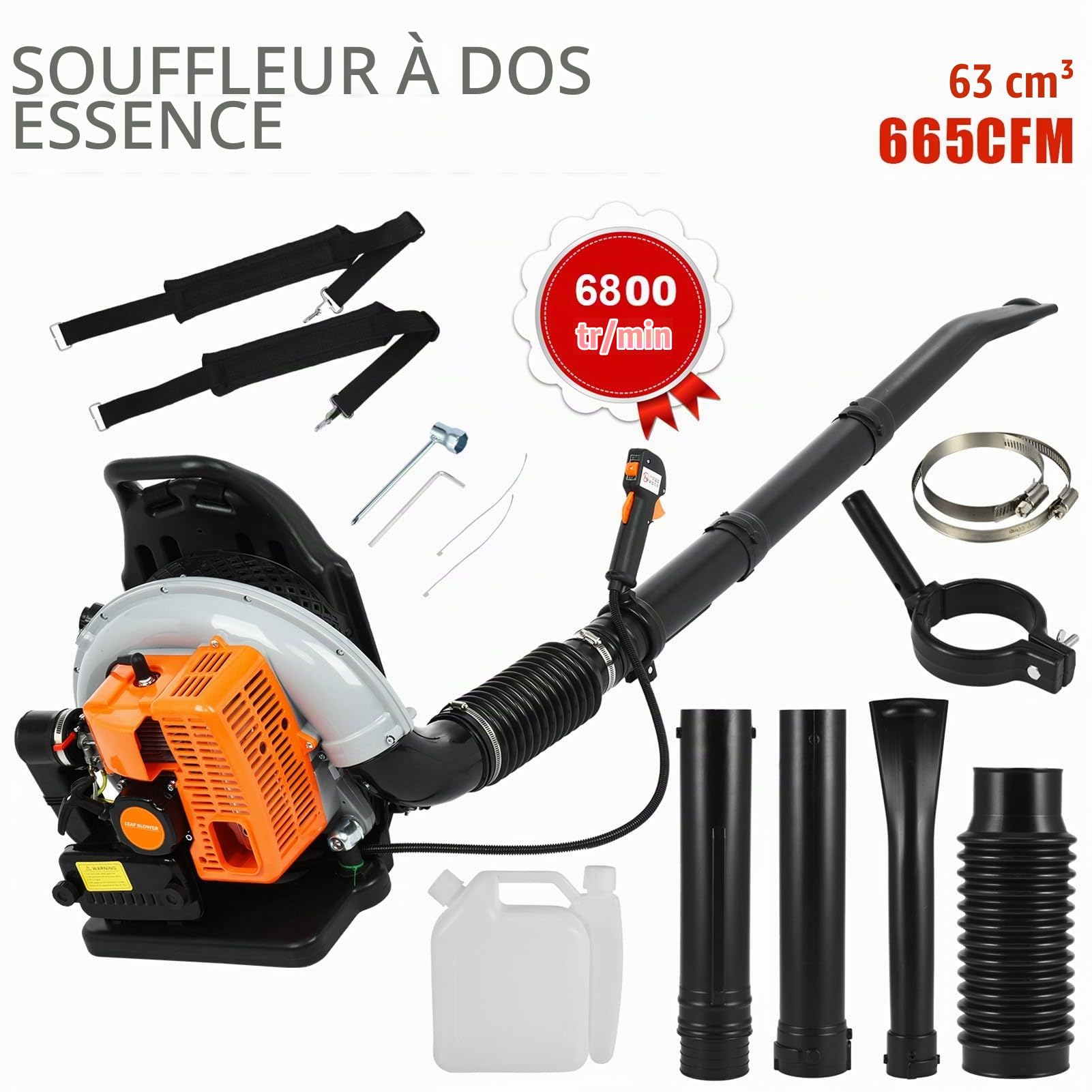 Souffleur de Feuilles à Dos 63cm3, Souffleur de Feuilles Thermique, Moteur à Essence 2 Temps 3 CV, Éléments de Commande sur poignée, avec Buses, Souflleuse pour enlèvement Feuilles mortes Jardinage