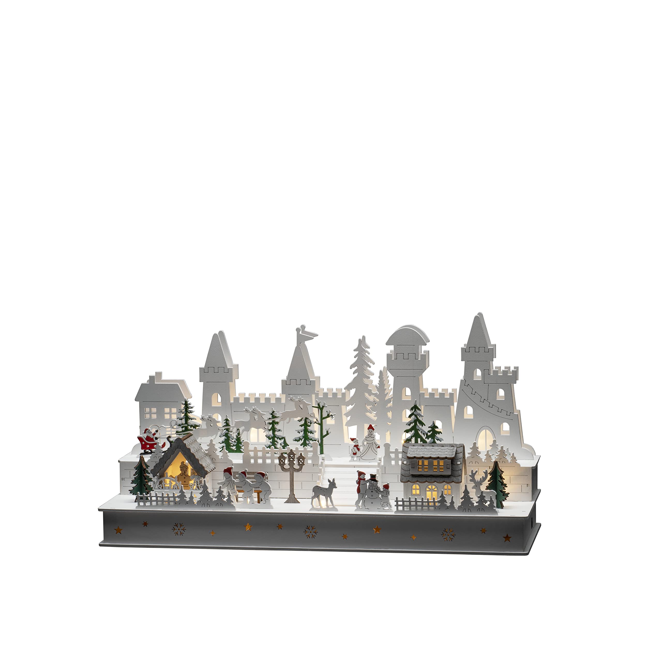 Konstsmide Christmas Lights/LED Wooden Silhouette Castle and Village Scene/6H Timer, 12 Diodes, Battery Operated or USB, Indoor, 2 x AA 1.5V (Excluded)