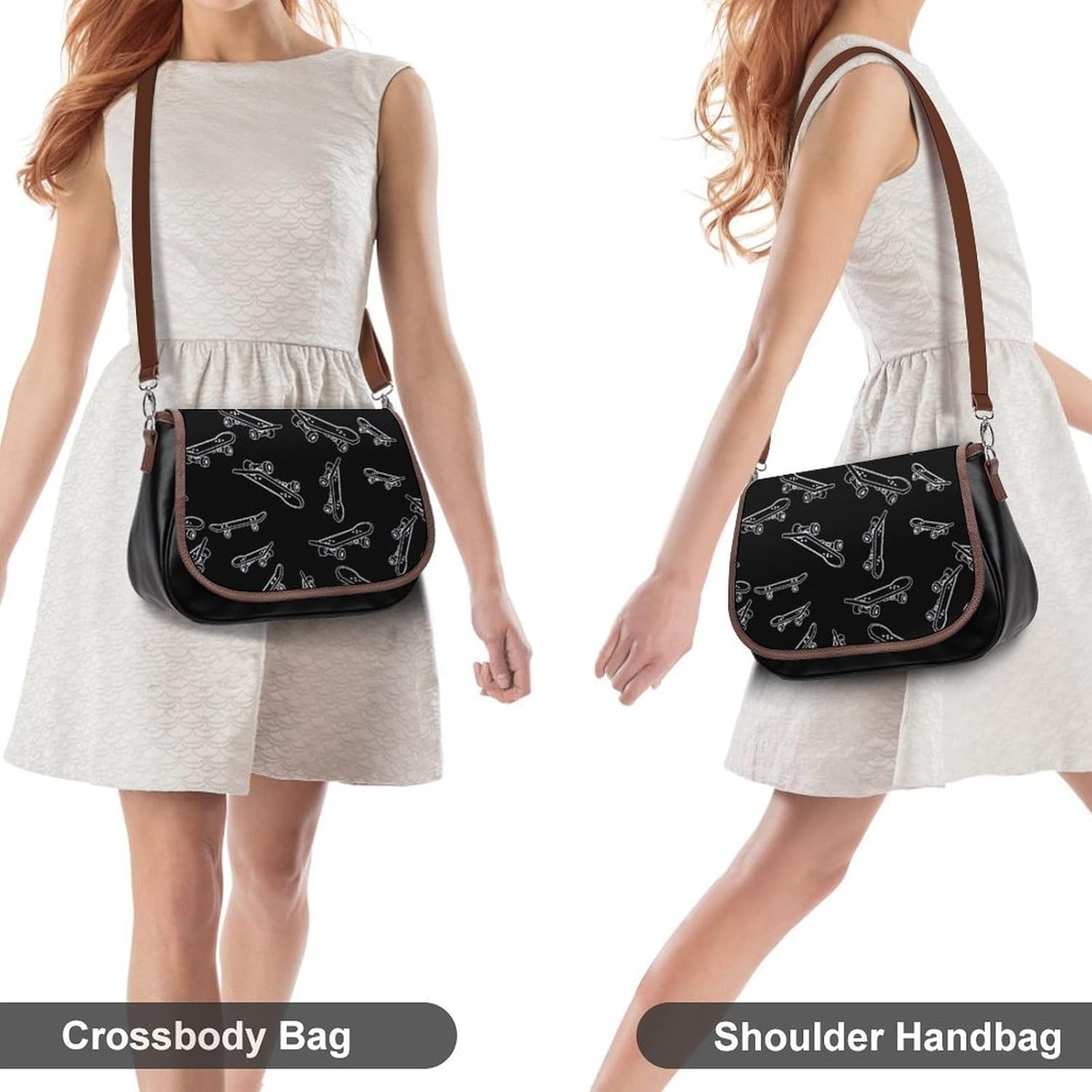 SkateboardWomen's Faux Leather Crossbody Bag, Waterproof Wrinkle-Resistant Shoulder Bag with Detachable Strap, Large Capacity Casual Handbag, Fashion Daily Purse for Shopping Work Dating, Ideal Gift F