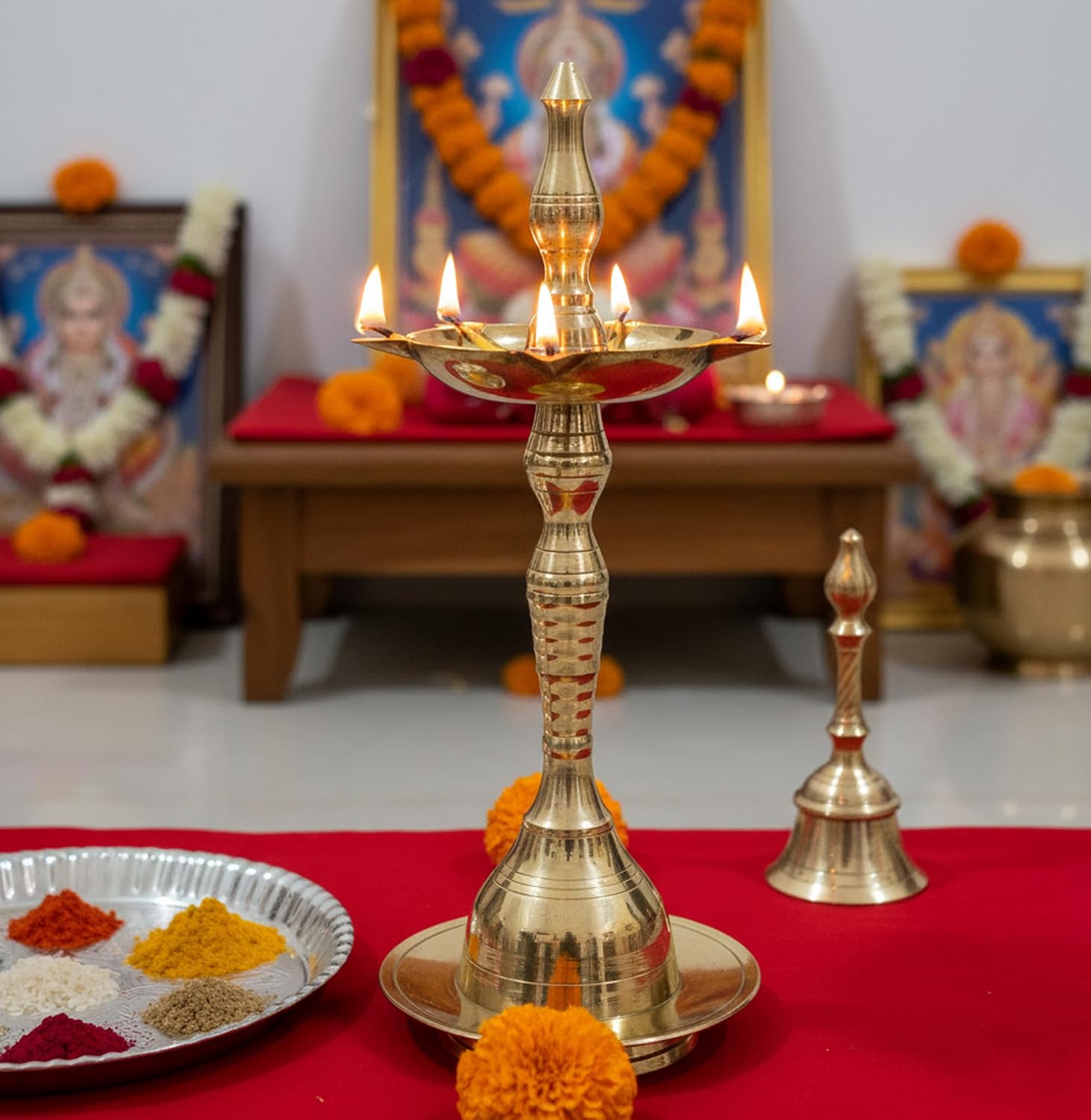 eSplanade Kerala Diya for Pooja - Diwali Diya for Pooja - Kutthu Vilakku Samai Diya for Puja Diwali Decorations, Temple Decoration - Brass (7.5" Inches)