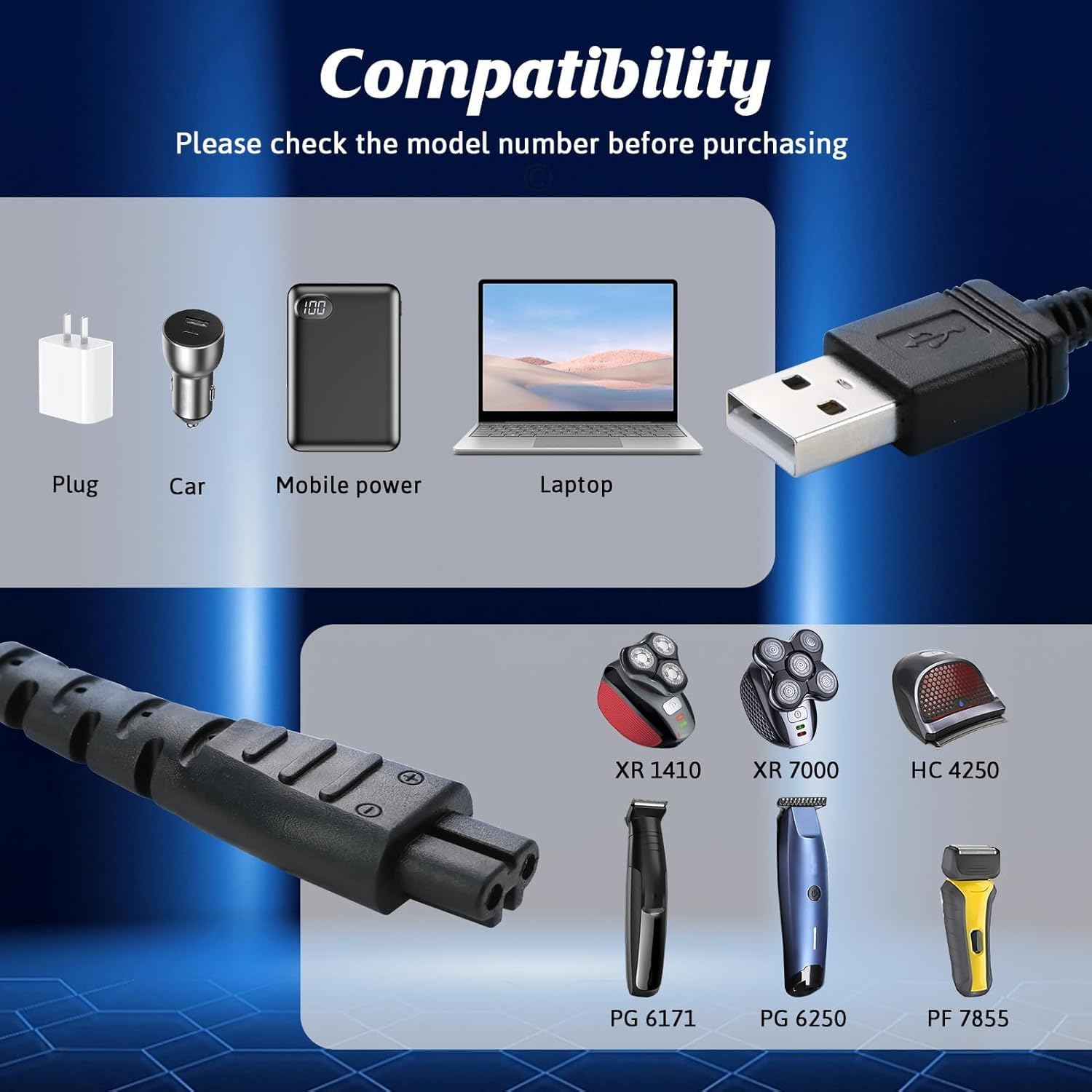 Cavo caricabatterie per rasoio Caricatore 5V per rasoio Remington Regolabarba USB Caricabatterie per rasoio elettrico per Remington HC4250,HC4255,F3,PF7500,MB4200,MB4130, XR1330,XR1350,XR1400,XR1470