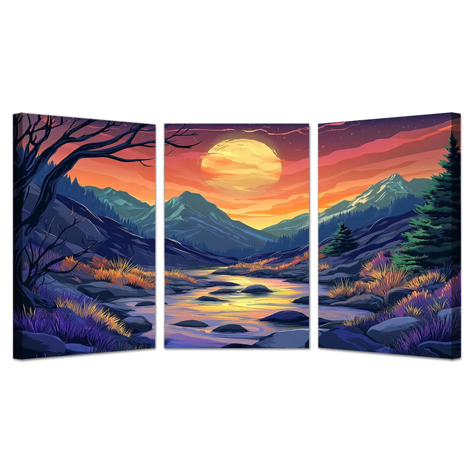3 PièCes Peinture abstraite sur toile pour intérieur Lune Image Tableau Decoration Murale Salon Chambre Maison(Violet 86)-60x80cmx3 Encadrée