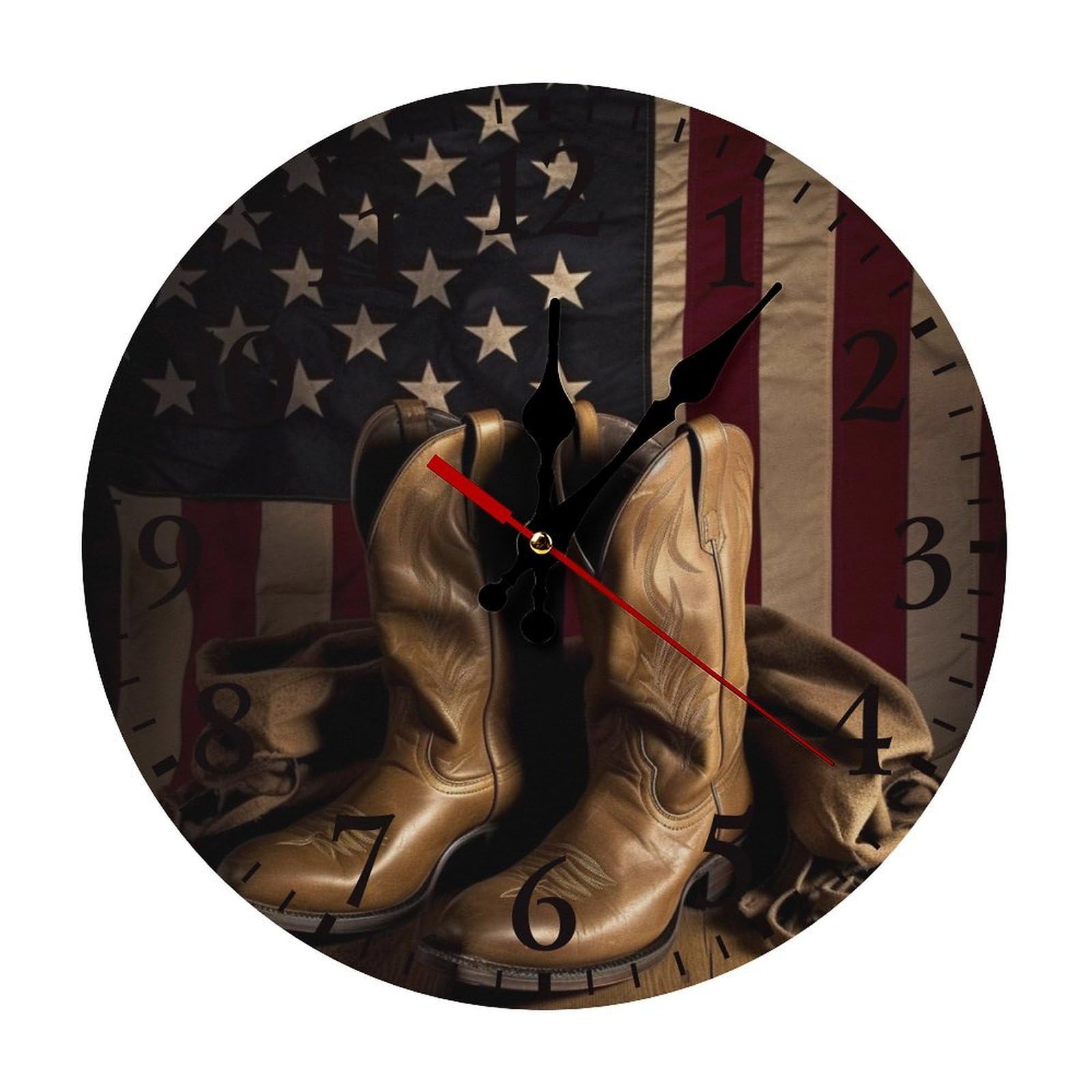 Horloge murale drapeau américain et bottes de cowboy noire silencieuse ronde salon