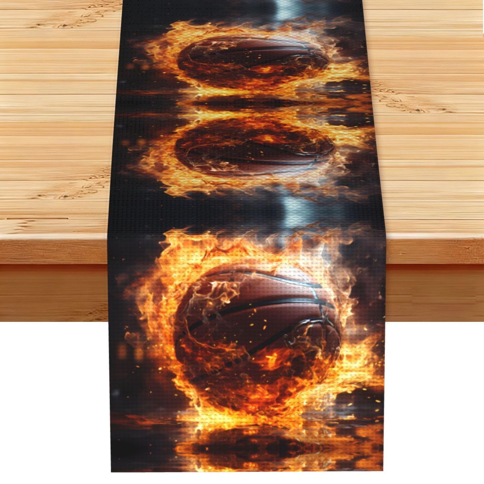 Basketball on Fire and Water Flame Splashing Table Runner 13x72 Inch Dining Decor