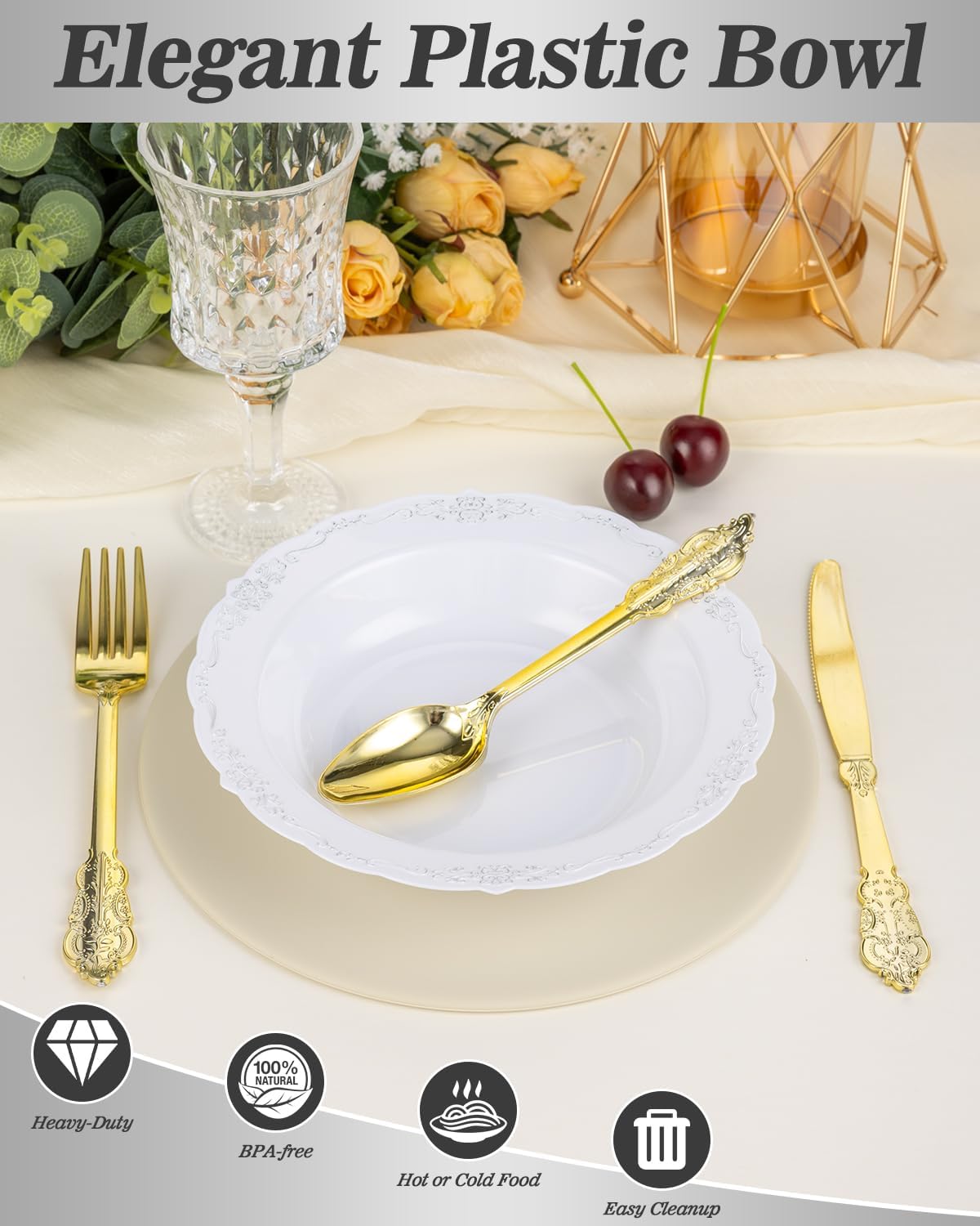 100 Pack White Plastic Bowls with Silver Rim, 12oz Plastic Salad Bowl, Disposable Bowls for Party, Dinners, Weddings, Christmas, Thanksgiving