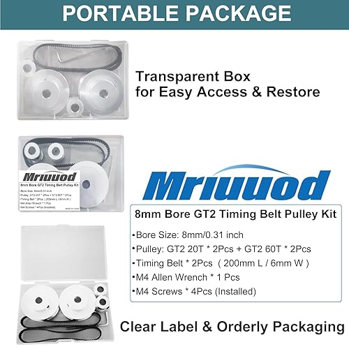 Miniatura 9 de 2Kit GT2 Polea 20 y 60 dientes de diámetro de 0.315 in, polea de distribución de aluminio con 2 correas dentadas de 7.874 in de longitud y 0.236 in