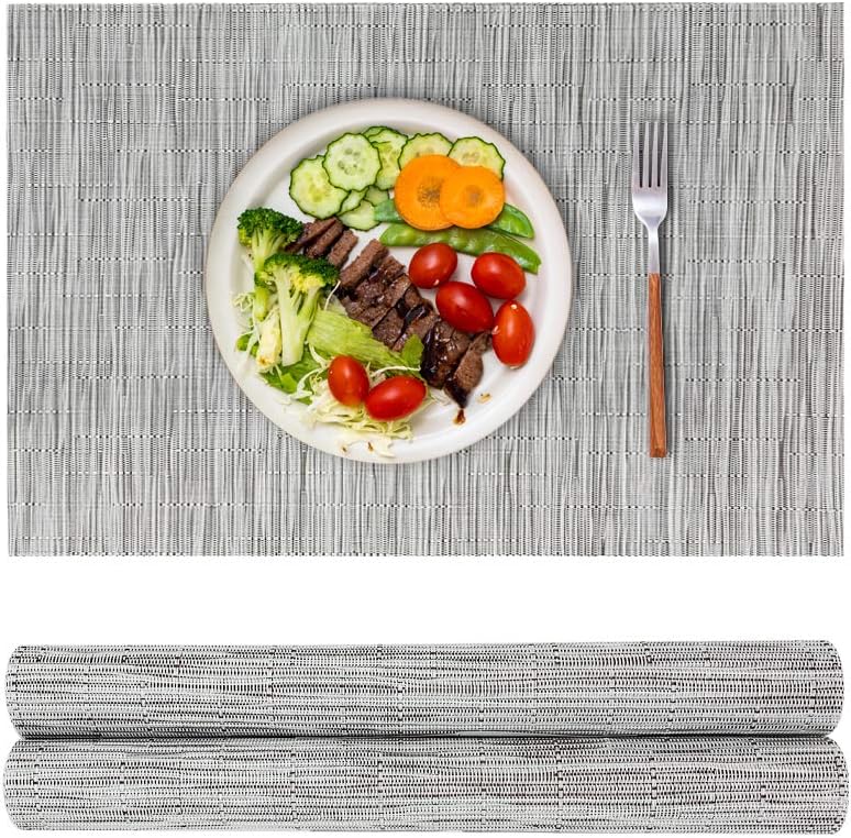 saileaf Placemats Set 0f 2 Bamboo Braided Vinyl Placemat，Heat Insulation and Stain Resistant Table mats for Hotel Home Dining Kitchen Restaurant，Table Dining Table Mat，Easy to Clean (White Gray, 2)