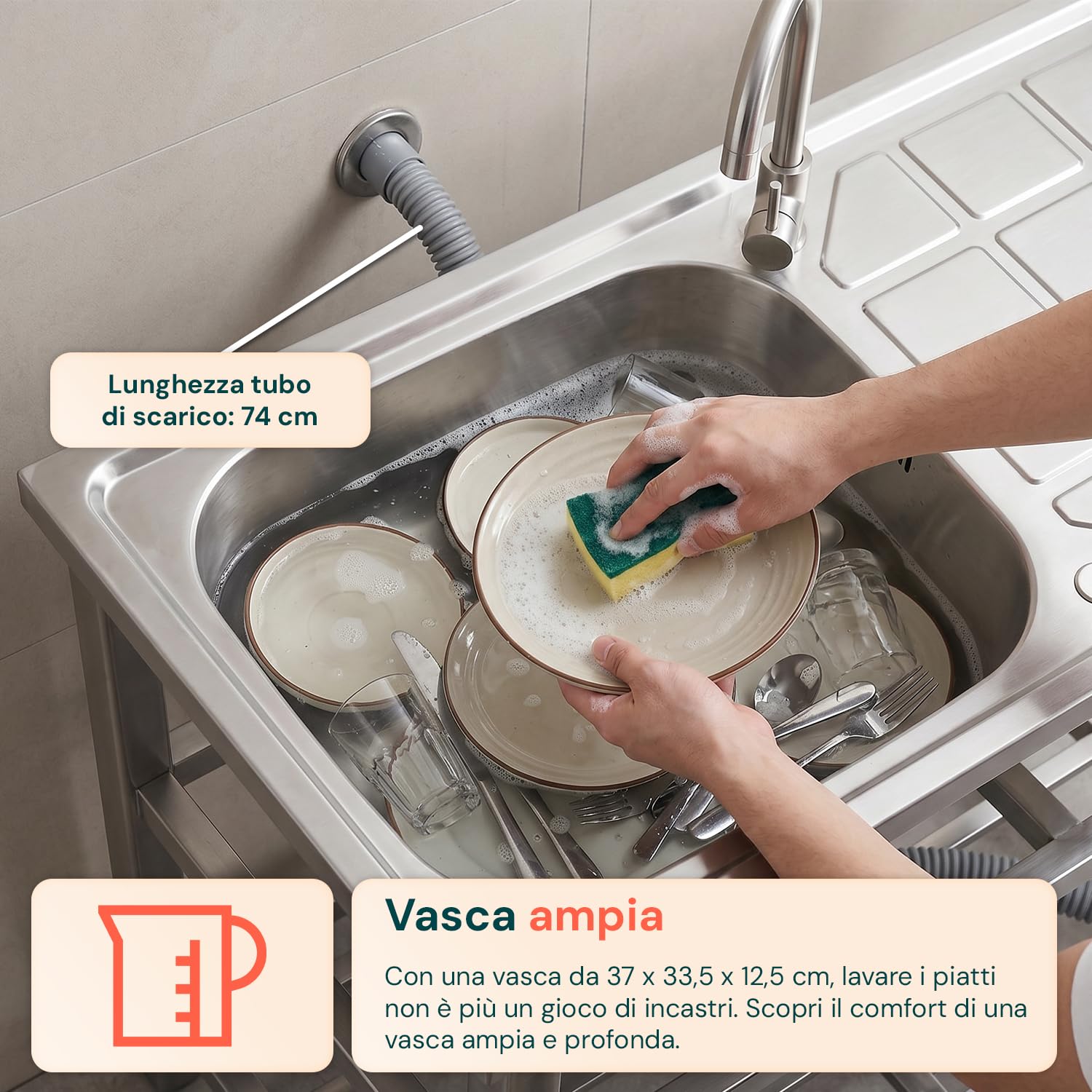 Avilia - Lavello Multifunzione in Acciaio Inox Professionale con Fontana – Lavandino da Esterno e Interno Reversibile – Dimensioni 75x40x80 cm con Doppia Mensola, Rubinetto e Kit Scarico Completo