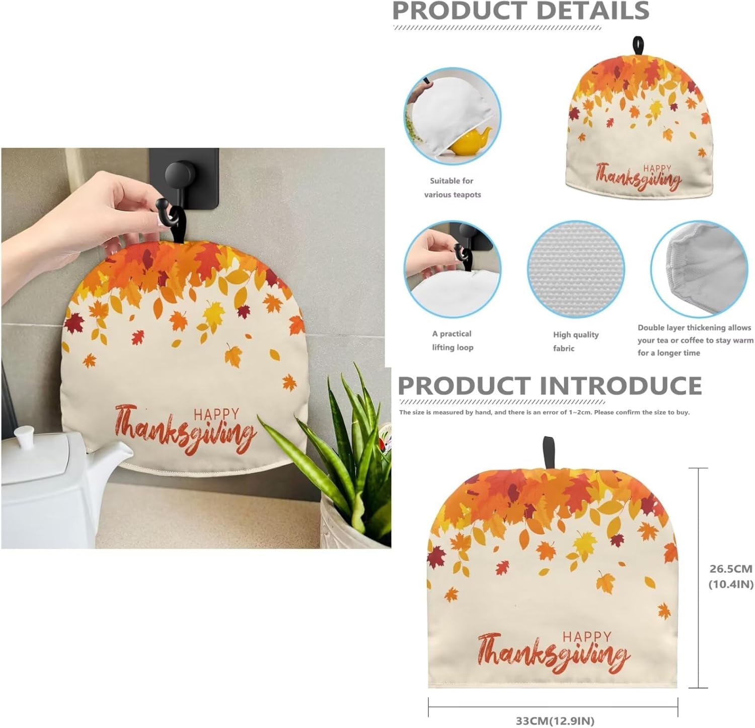 Fall Leaves Stand Mixer Cover Tea Kettle Cover 2Pcs Set,Thanksgiving Day Decor Tea Cozy Teapot Dust Cover Washable Kitchen Appliance Cover Universal Fit Coffee Maker Blender Juicer (S Size)